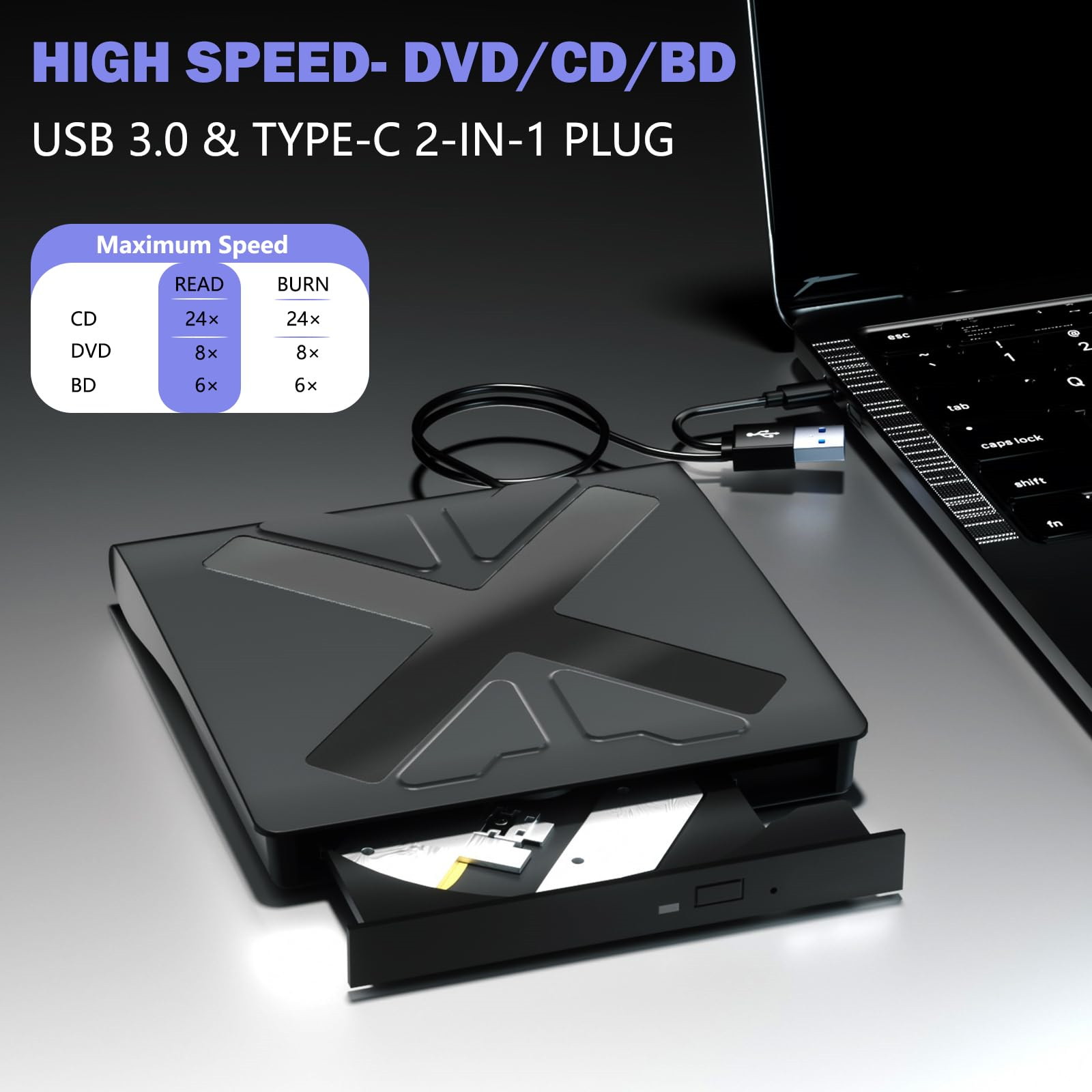 Schwarzes DVD/CD/BD-Laufwerk. Zeigt das Laufwerk und das Kabel. Text über Geschwindigkeit und Kompatibilität.