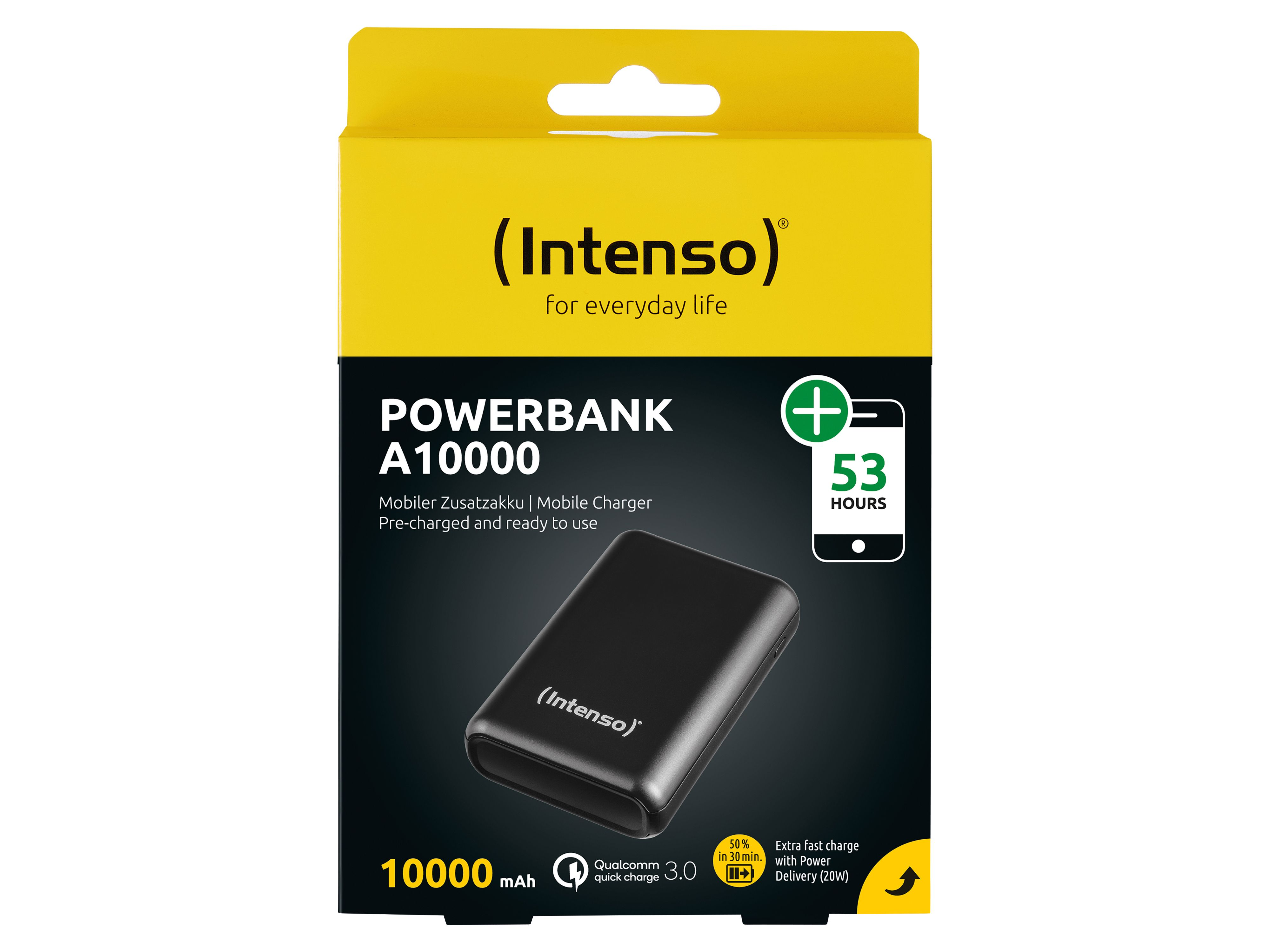 Een zwarte powerbank in een gele en zwarte doos. Op de doos staat 'Intenso' en 10000 mAh.