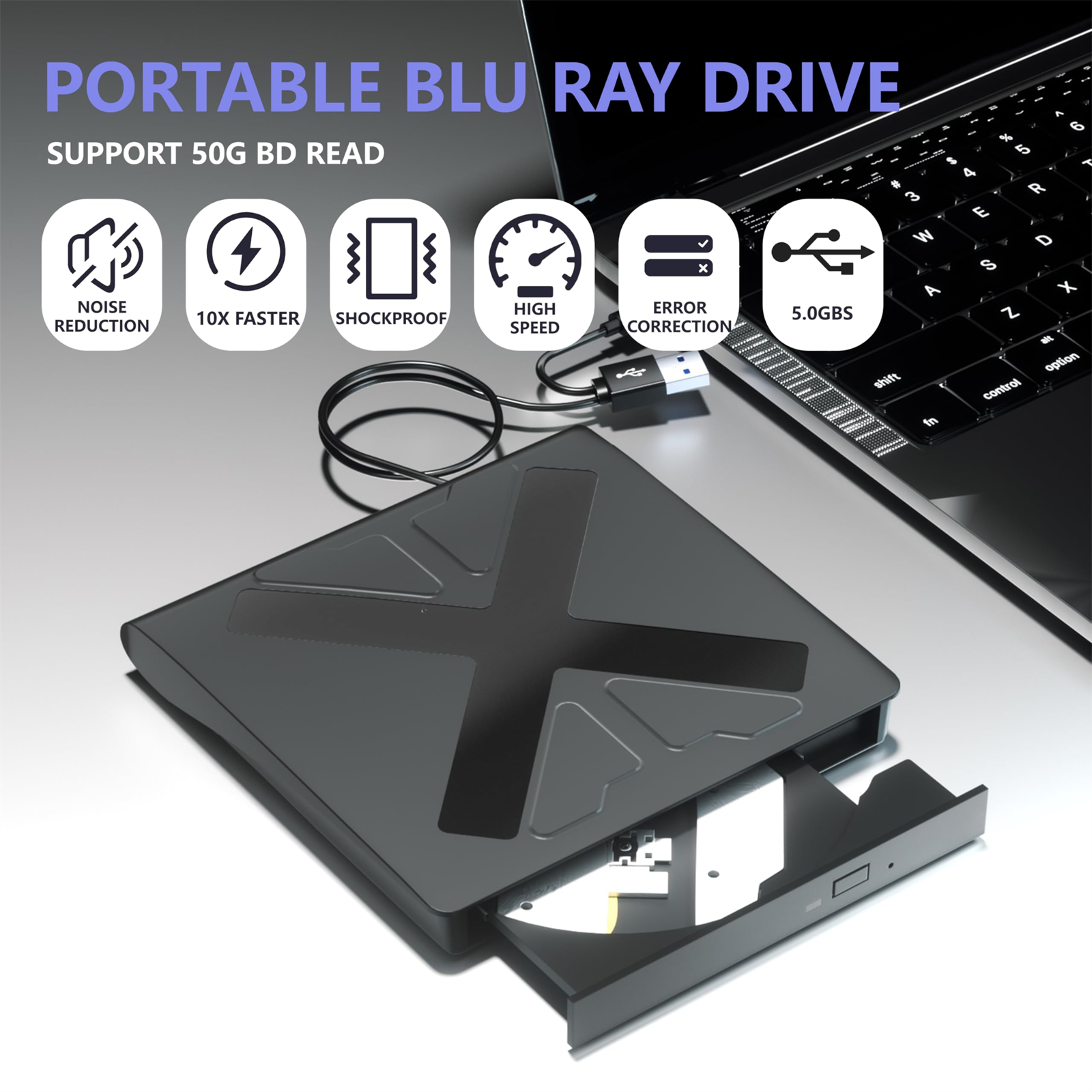 Tragbares Blu-ray-Laufwerk mit Laptop, zeigt Funktionen und Anschlüsse.