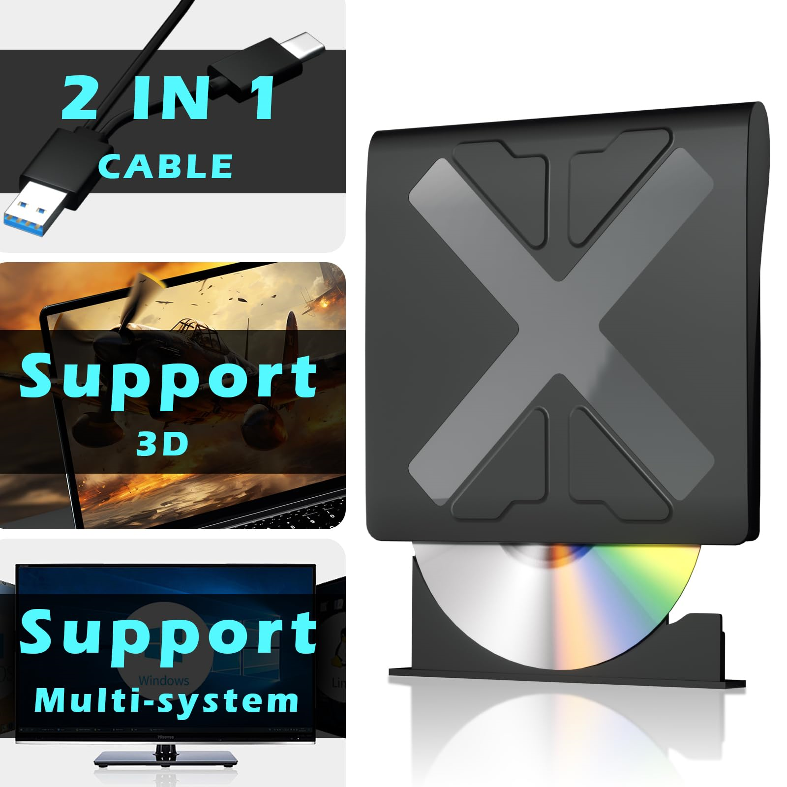 Bild zeigt ein DVD-Laufwerk mit Text '2 IN 1 CABLE' und 'Support 3D', 'Support Multi-system'.