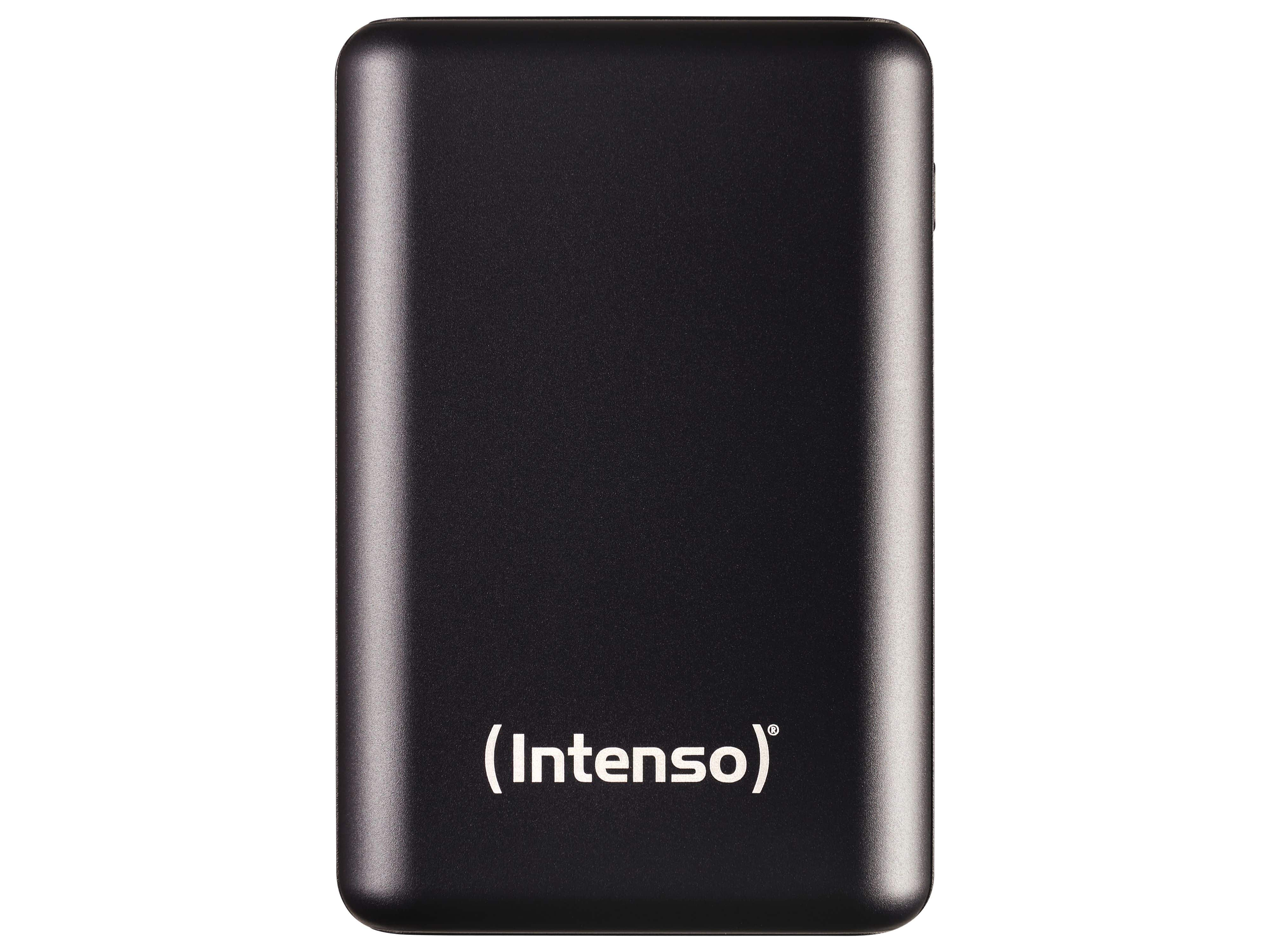 Een zwarte draagbare harde schijf met het 'Intenso'-logo, tegen een witte achtergrond.