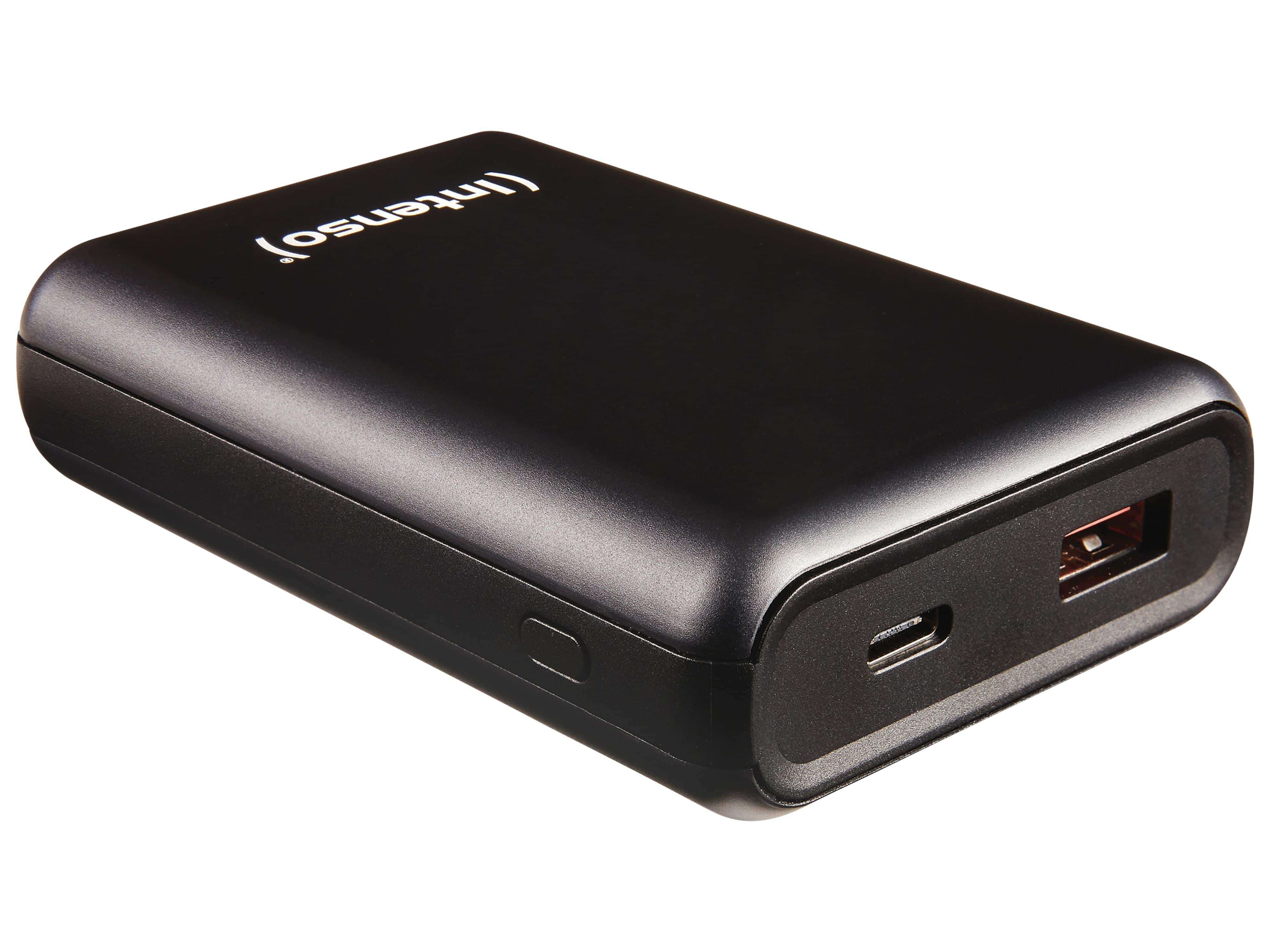 Zwarte powerbank met poorten, de merknaam staat op de bovenkant.