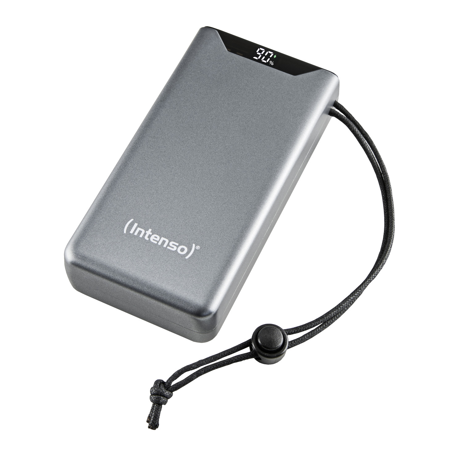 Un power bank grigio con cinturino nero, che mostra un display digitale di carica al 90%.