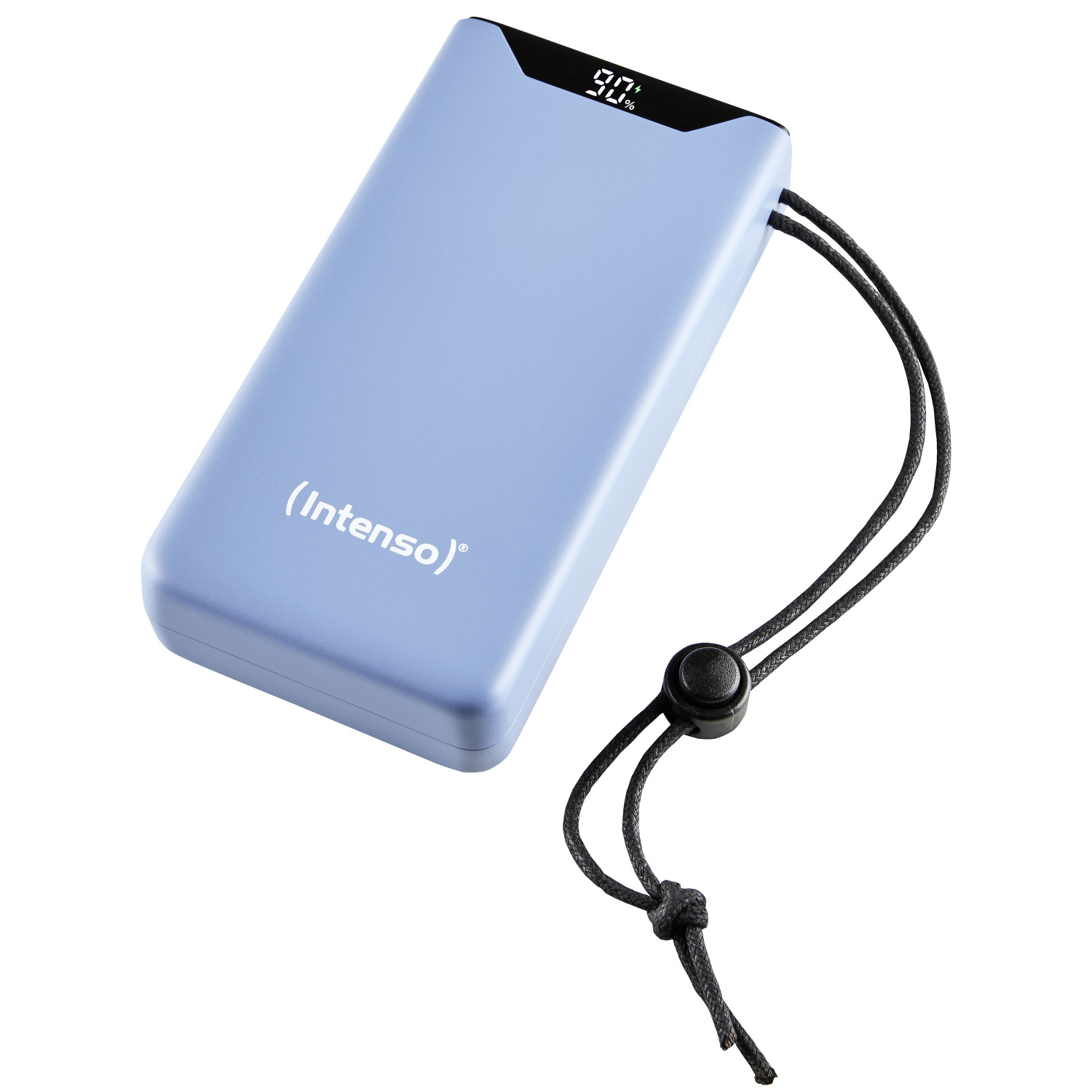 Power bank blu (Intenso) con cinturino nero e display digitale con percentuale.