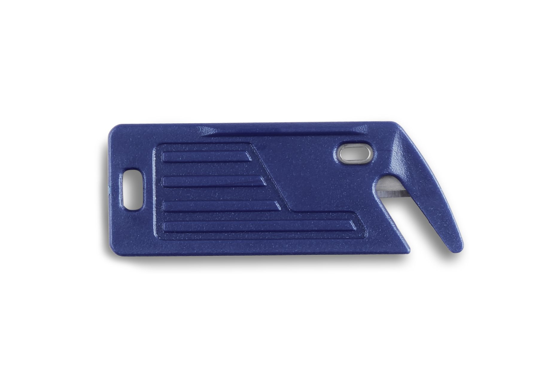 Un outil de coupe bleu. Il a la forme d'un rectangle avec une lame à une extrémité.