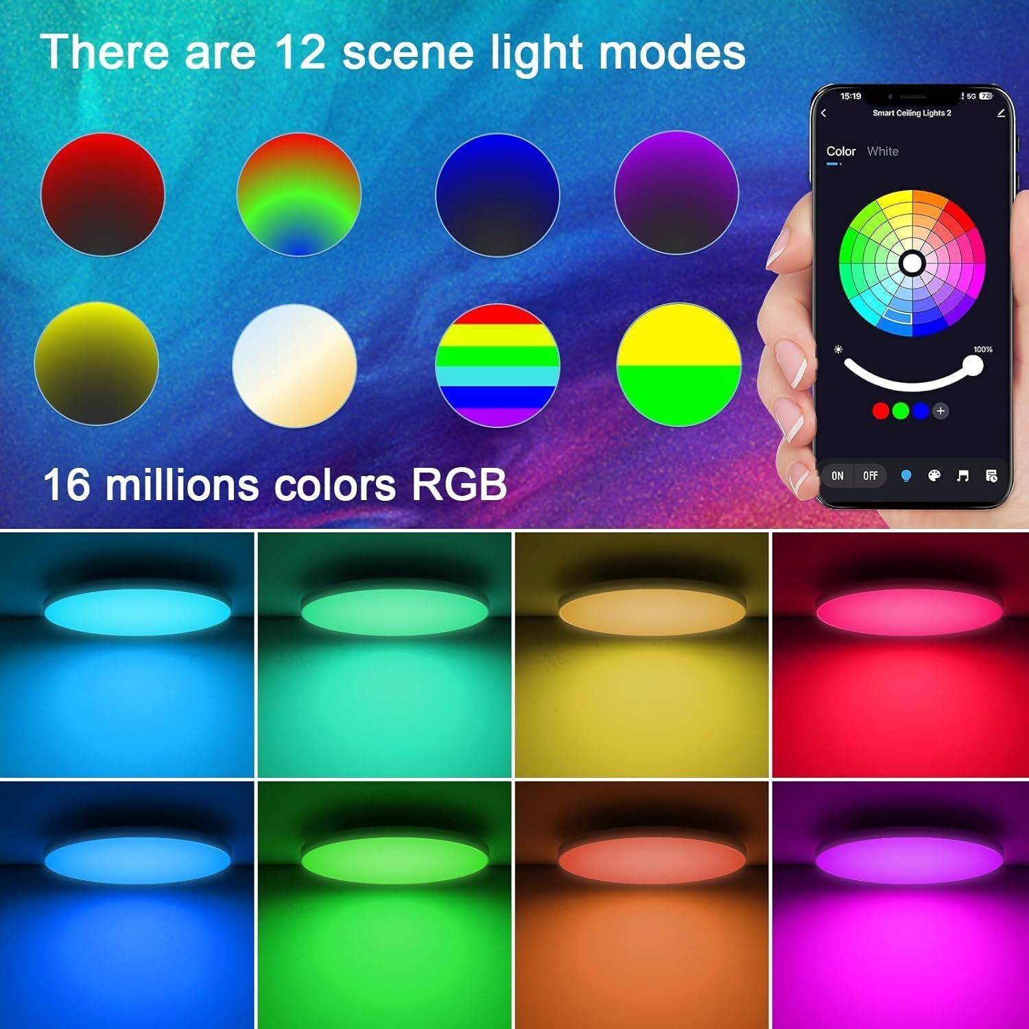 Bunte Lichter und ein Smartphone mit Farbrad-Oberfläche. Es gibt 12 Szenenlichtmodi und 16 Millionen Farben.