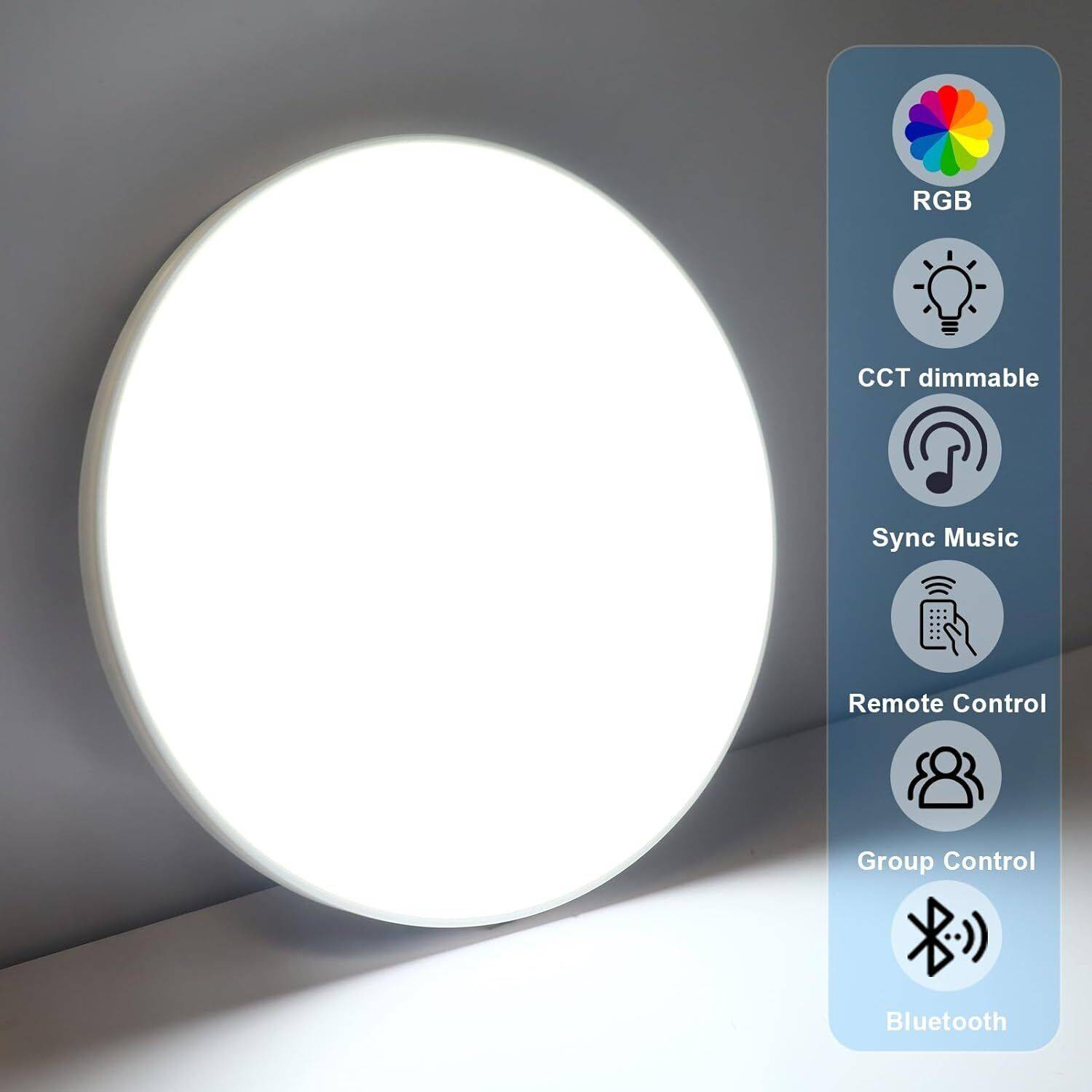 Eine runde, weiße Deckenleuchte mit einem RGB-Spektrumdiagramm und anderen Symbolen.
