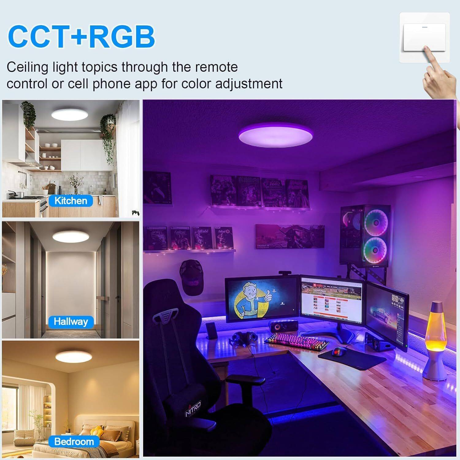 Bilder einer CCT+RGB Deckenleuchte in verschiedenen Räumen, gesteuert per Fernbedienung oder App.