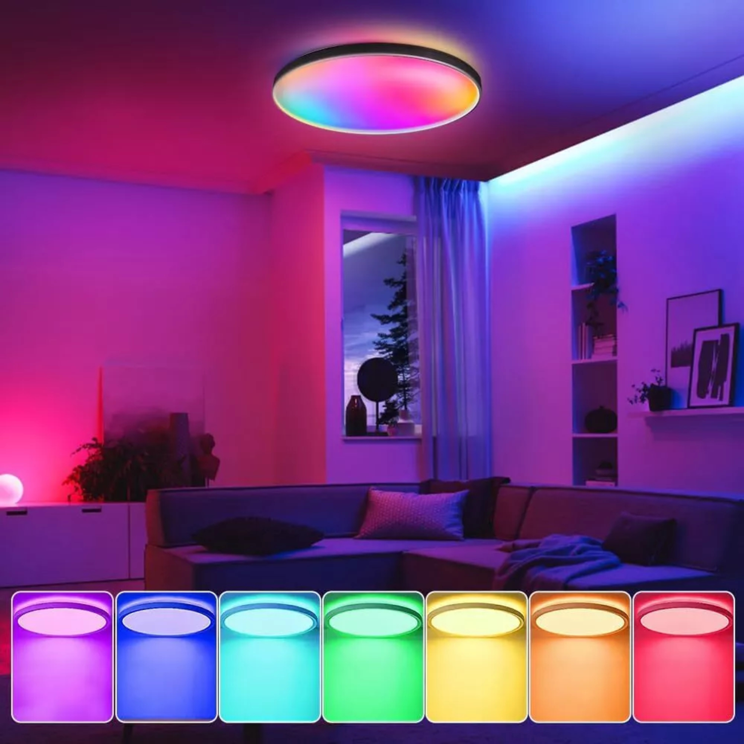 Eine runde Deckenleuchte mit farbiger Lichtanzeige. Der Raum hat farbige Lichter. Ein Sofa und ein Fenster sind sichtbar.