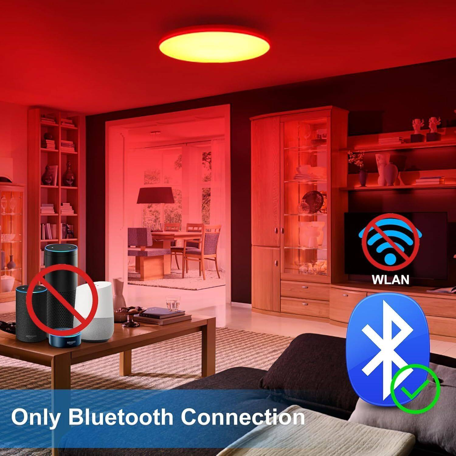 Zimmer mit rotem Licht beleuchtet. Bluetooth-Logo sichtbar, WLAN-Zeichen durchgestrichen.