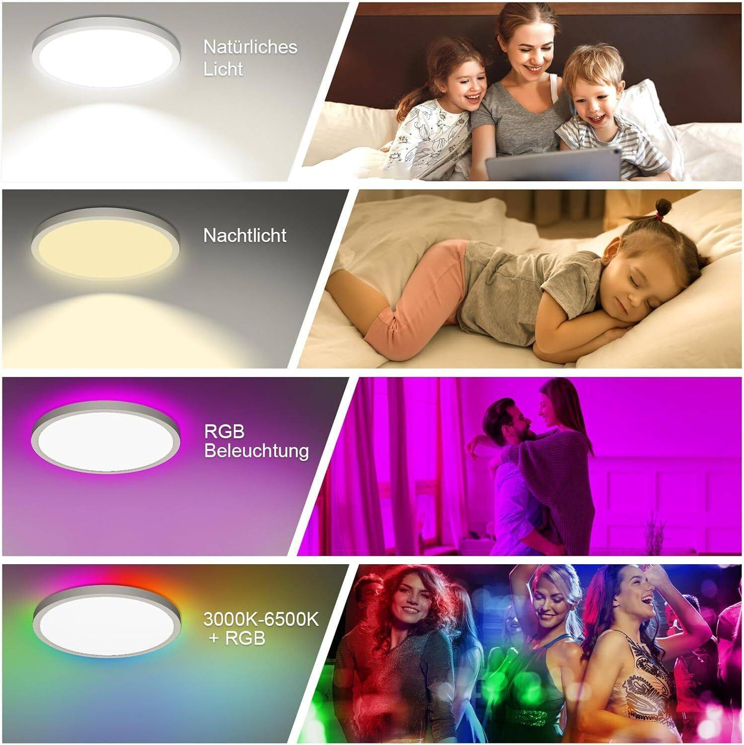 Bilder einer runden LED-Leuchte in verschiedenen Modi: natürlich, Nacht, RGB und 3000-6500K + RGB.