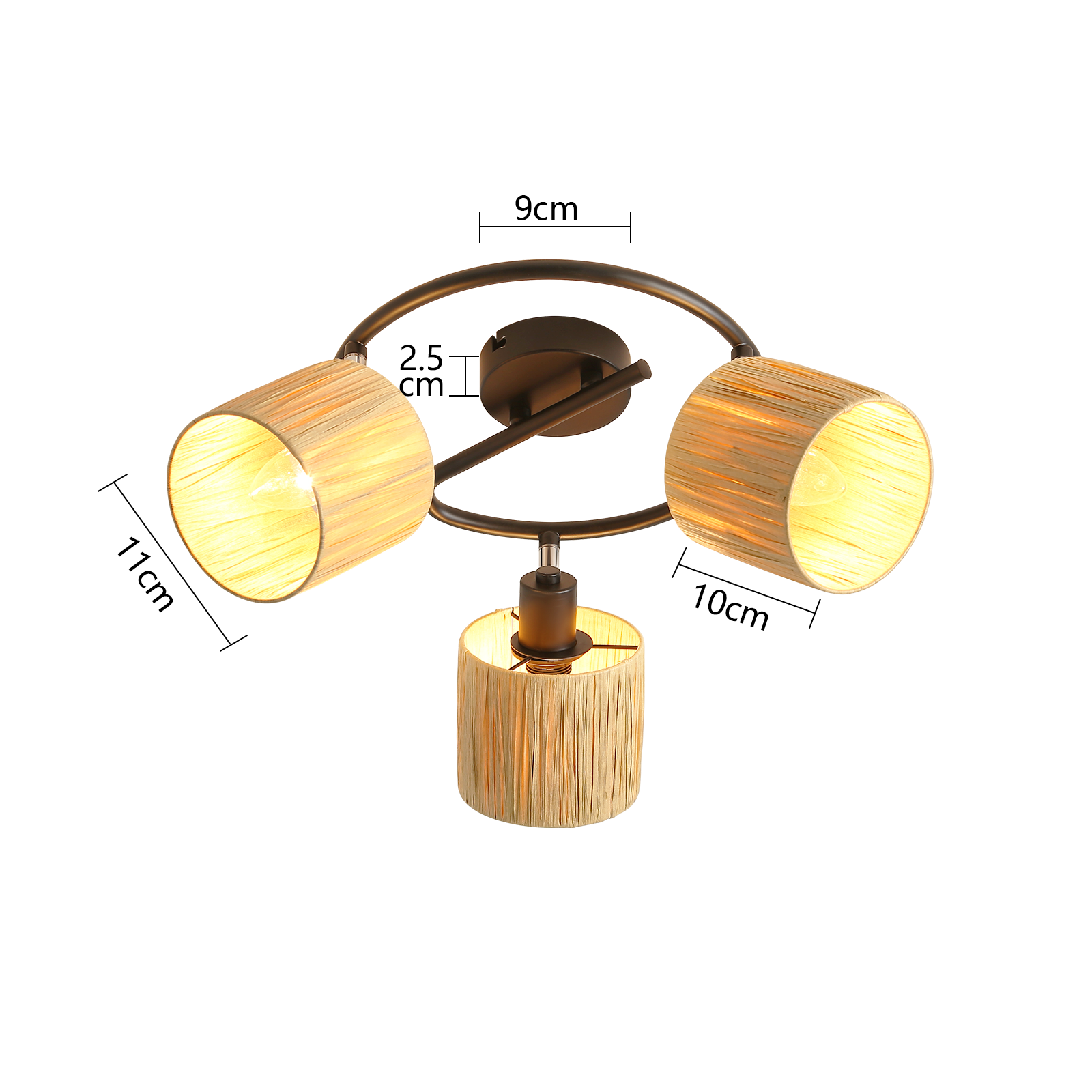 Trzy lampy z beżowymi kloszami w ciemnobrązowej okrągłej ramie.