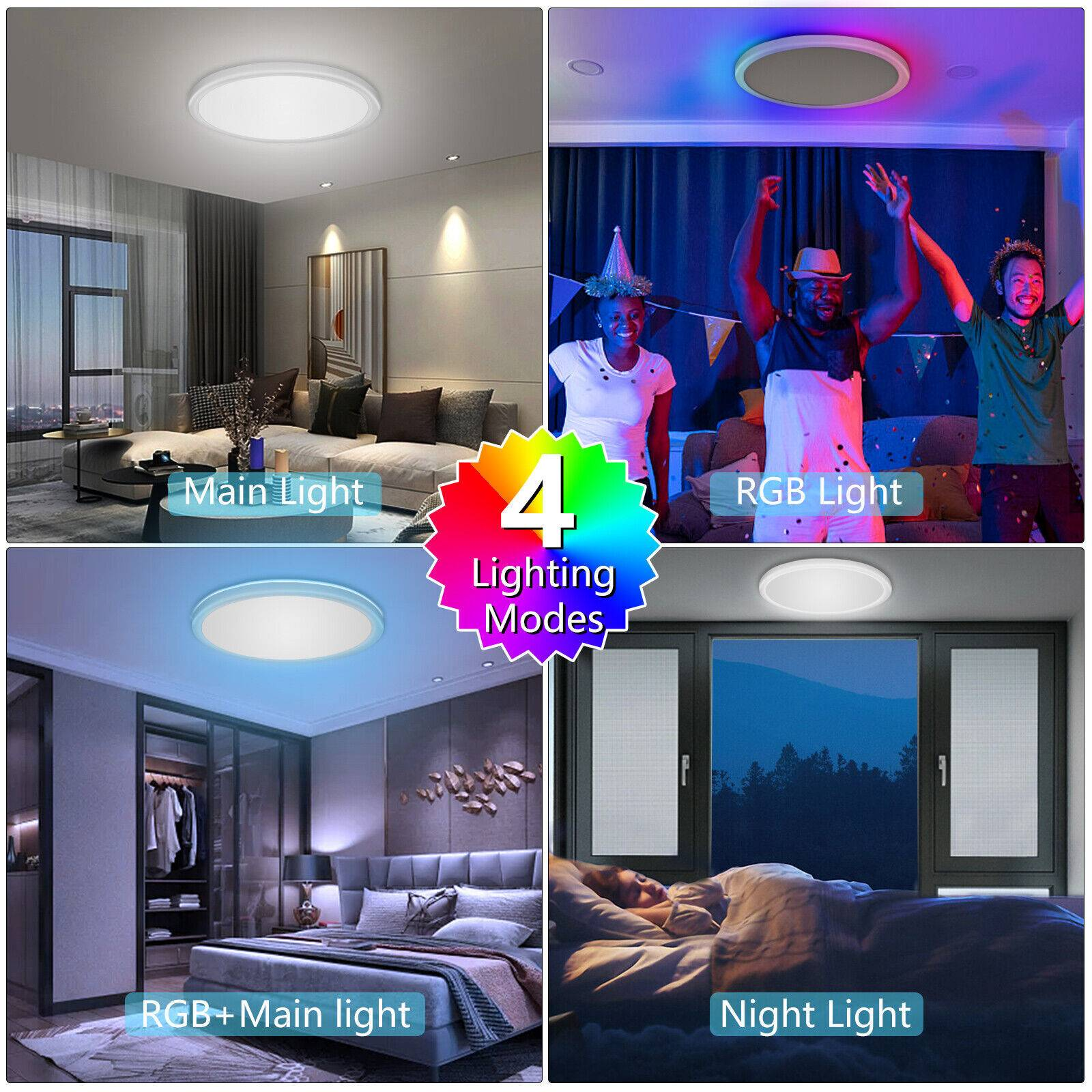 Vier Bilder mit verschiedenen Beleuchtungsmodi für eine Deckenleuchte: Haupt-, RGB-, RGB+Haupt- und Nachtlicht.