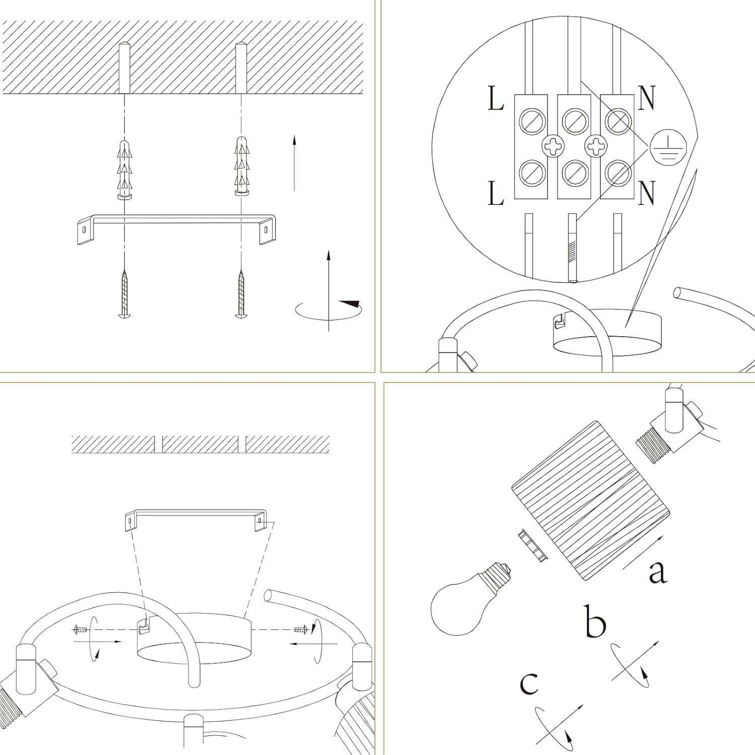 Schemat z czterema krokami pokazujący instalację oprawy oświetleniowej. Zawiera połączenia przewodów.