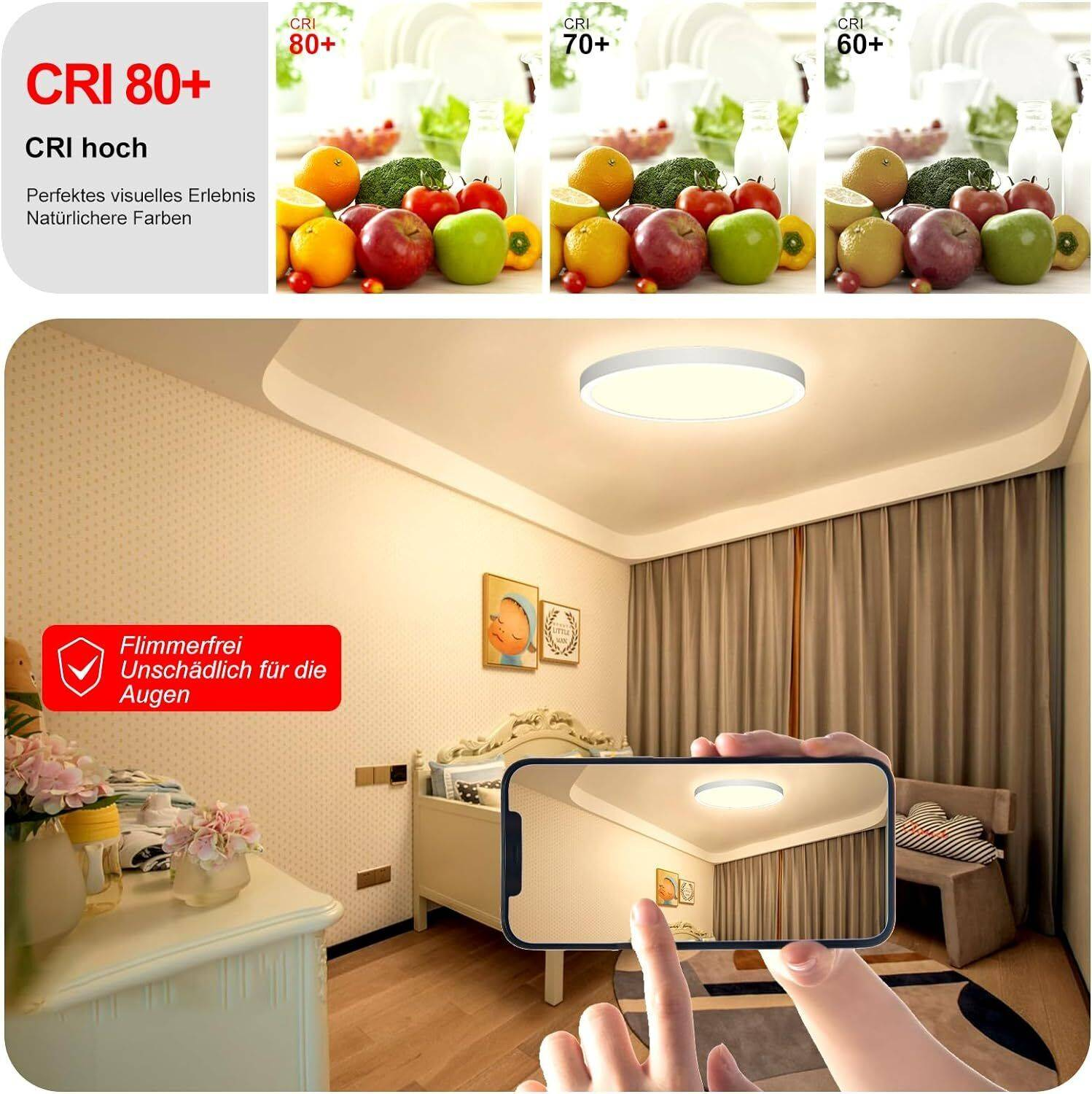 Verschiedene Früchte, darunter Äpfel und Zitronen, werden unter verschiedenen Lichteinstellungen mit CRI-Werten gezeigt.