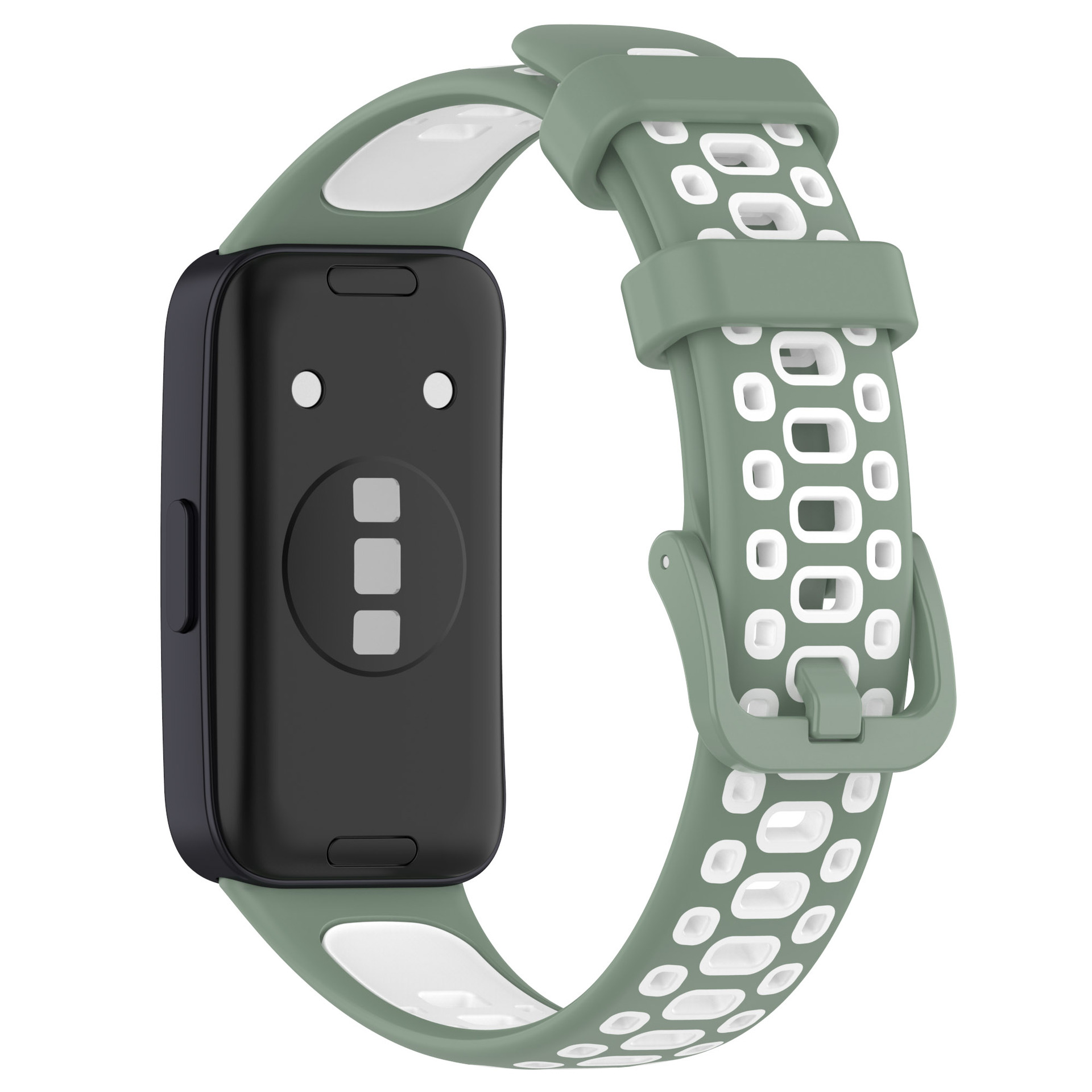 Cinturino verde e bianco per smartwatch collegato a quadrante nero.
