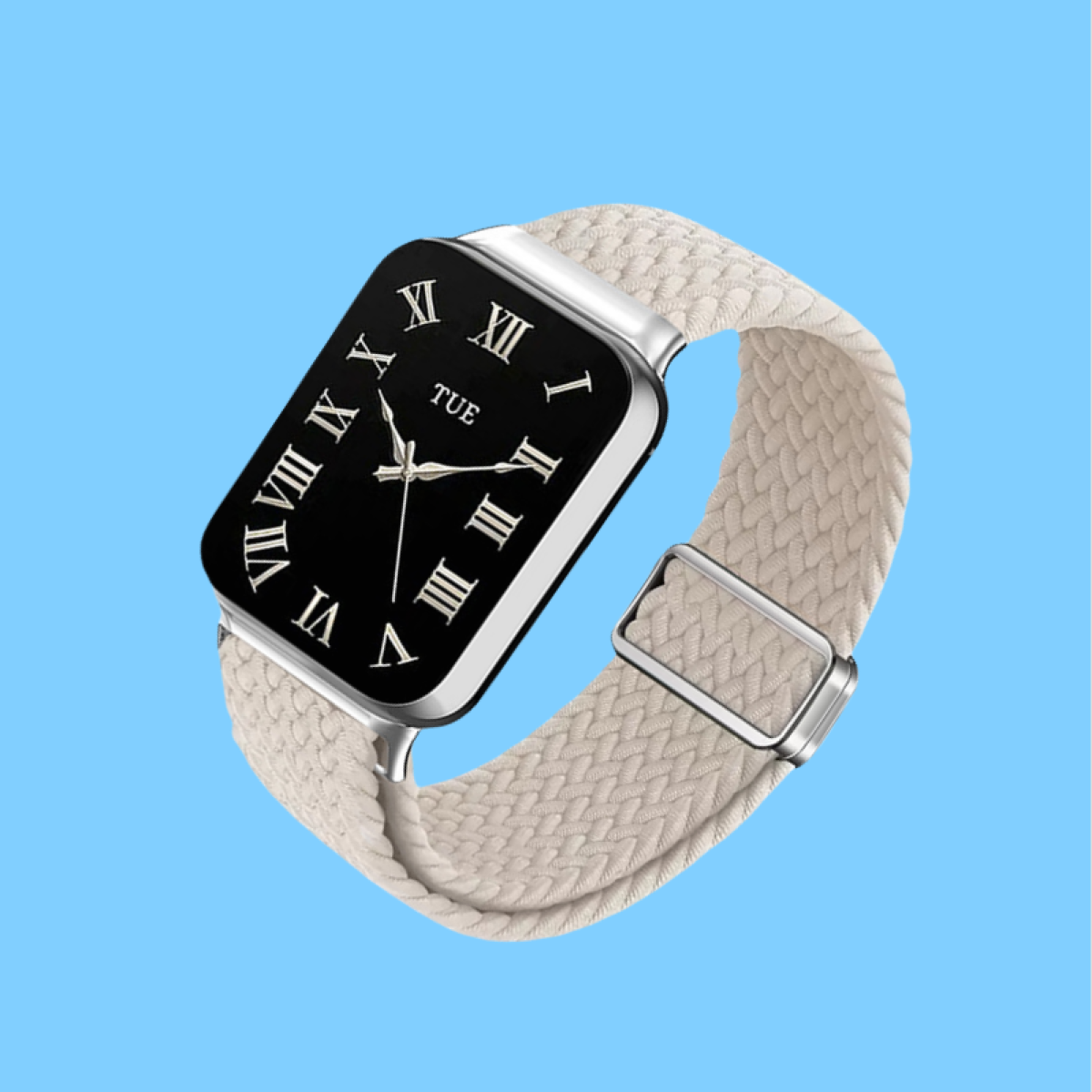 Eine quadratische Uhr mit schwarzem Zifferblatt und römischen Ziffern, silbernem Rahmen und cremefarbenem geflochtenem Armband.
