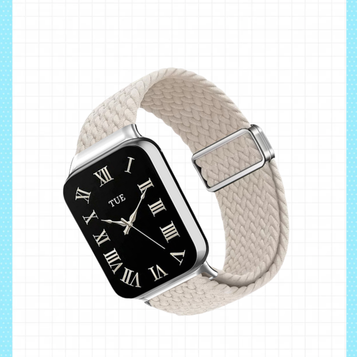 Smartwatch mit schwarzem Bildschirm und weißem Armband. Die Uhrzeit wird auf dem Bildschirm angezeigt. Das Armband ist beige.