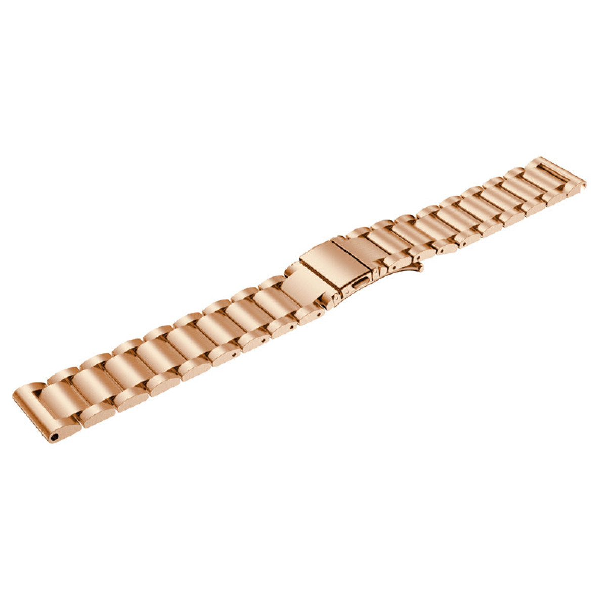 Cinturino per orologio in oro rosa. Il cinturino è realizzato con maglie metalliche e ha una chiusura. È angolato su uno sfondo bianco.