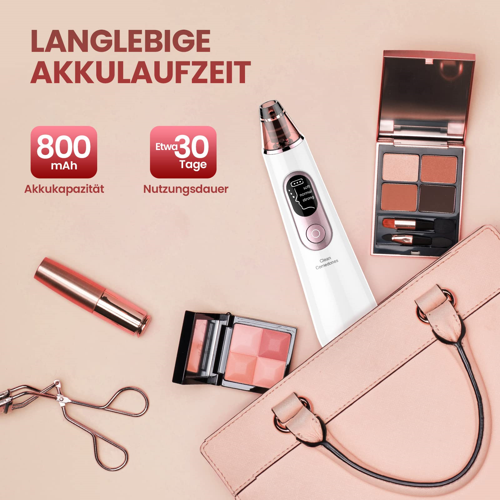 Kosmetik und Beauty-Tools mit Text, der Batterie und Nutzungszeit angibt.