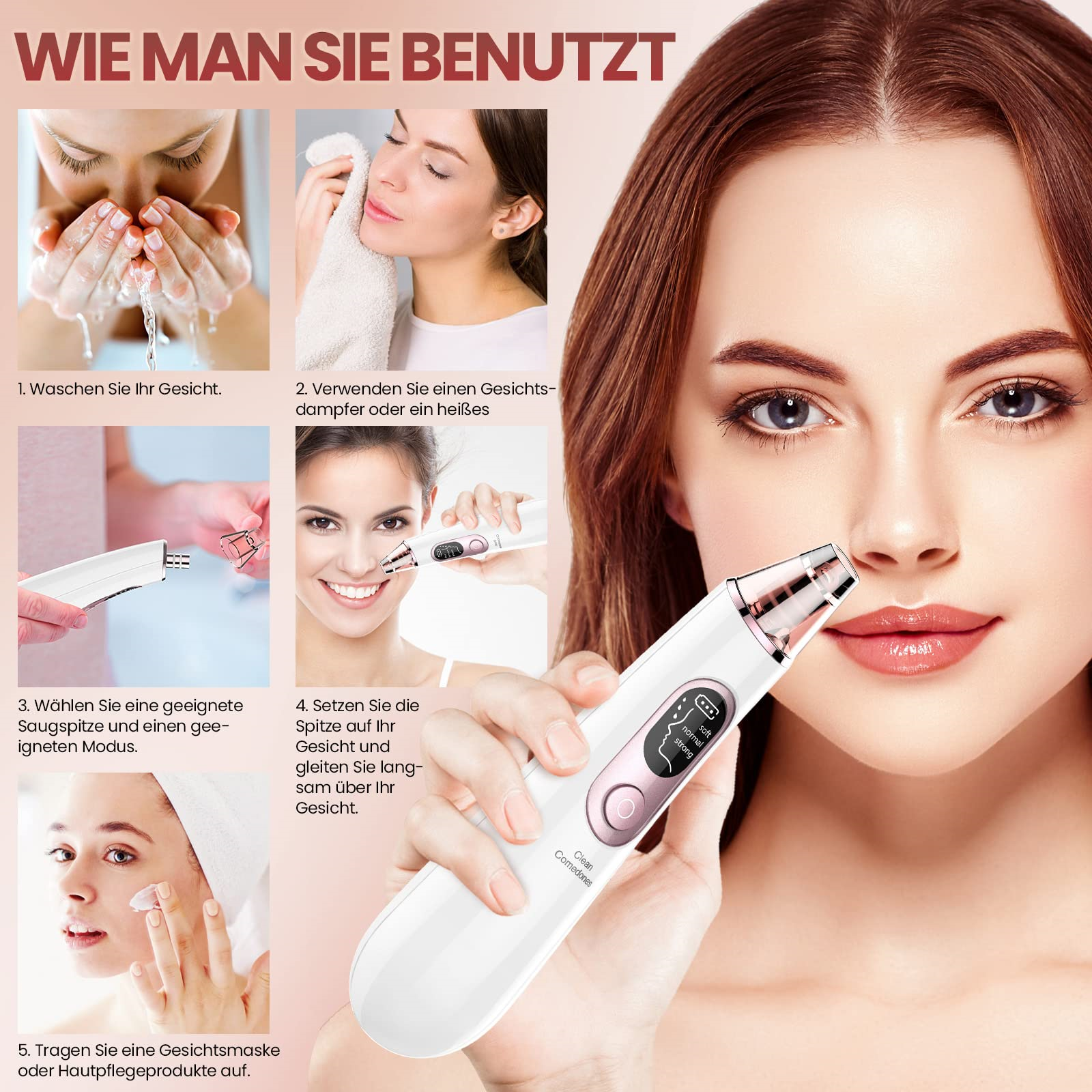 Die Frau reinigt und pflegt ihr Gesicht mit einem Hautpflegegerät.