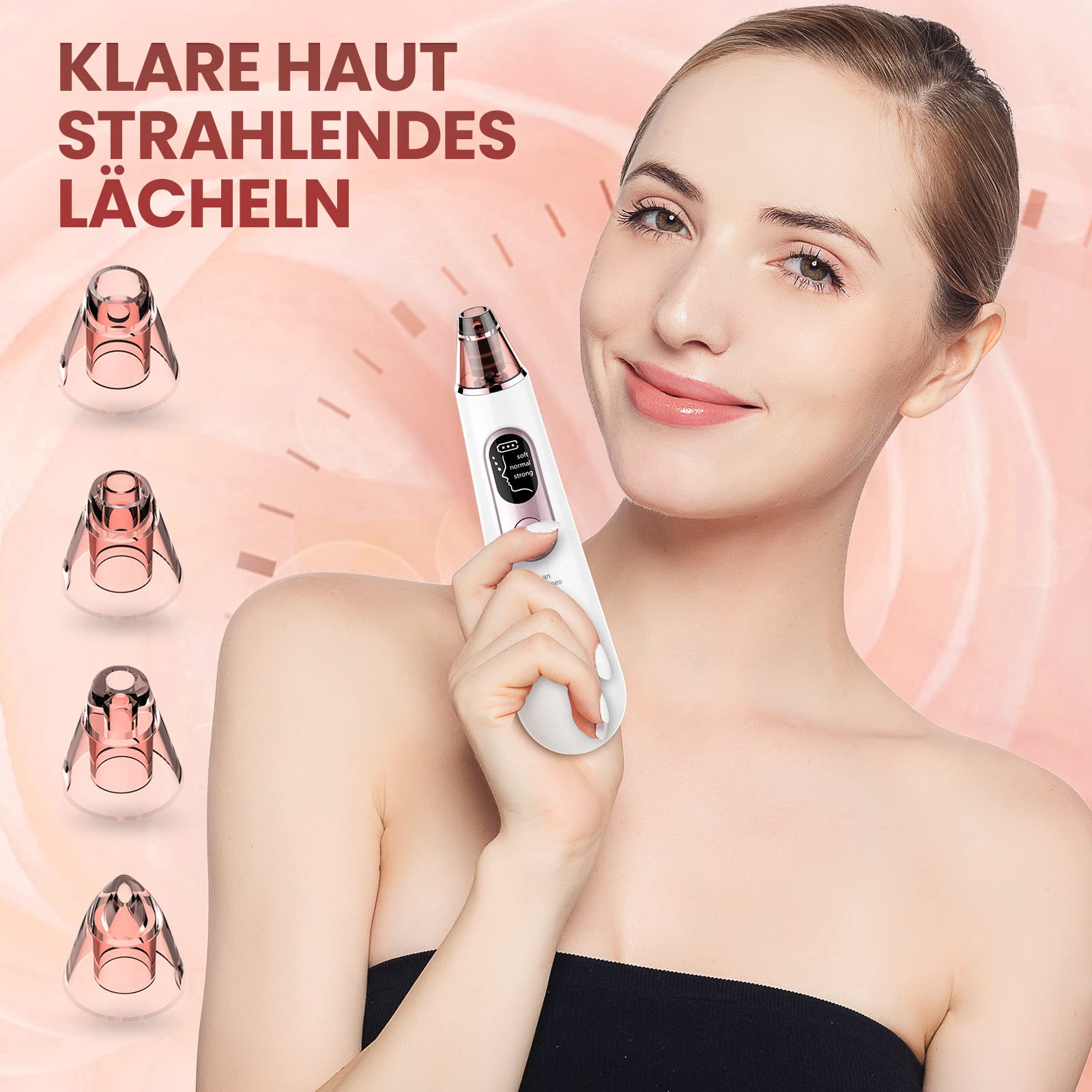 Frau hält Hautpflegegerät, im Hintergrund vier Saugköpfe. Text lautet 'KLAR HAUT'.