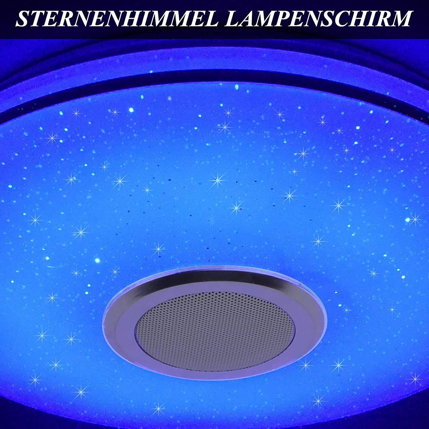 Eine blaue Decke mit Sternen und einem zentralen Lautsprecher. Text auf Deutsch oben im Bild.