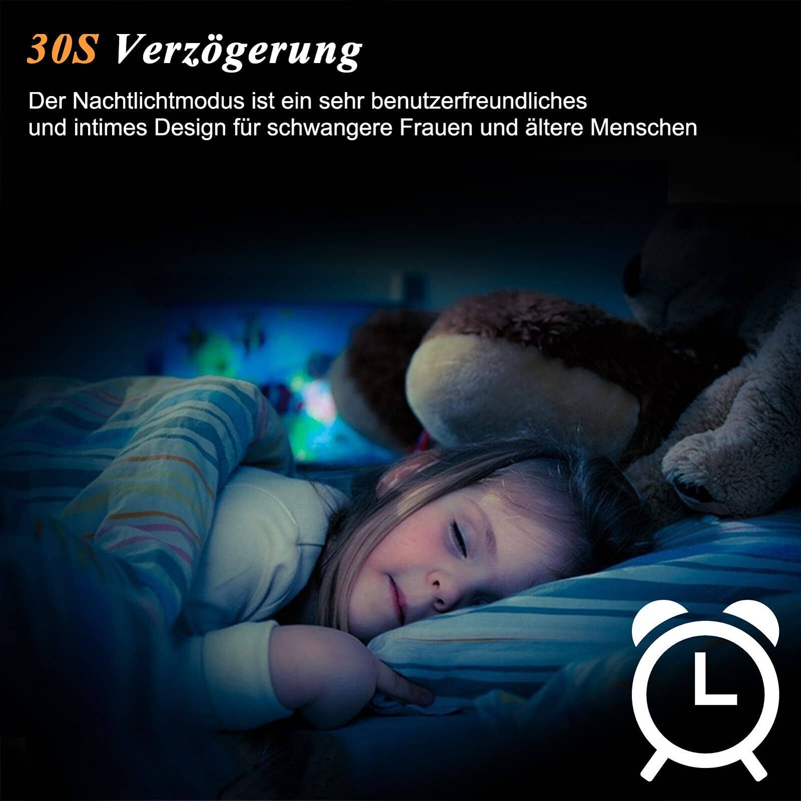 Schlafendes Kind im Bett mit Teddybär. Text über Nachtmodus und Wecker-Symbol.