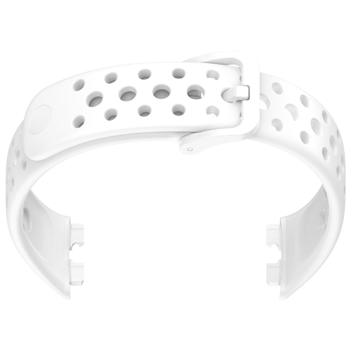 Cinturino bianco per orologio. Fori per la regolazione. Fibbia e un connettore su ciascuna estremità.