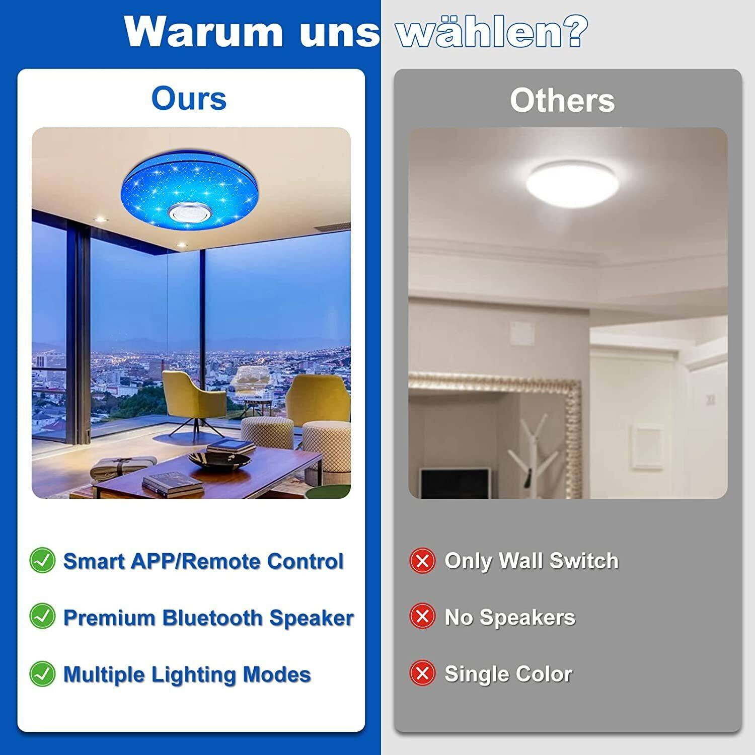 Vergleich von Deckenleuchten: Unsere hat eine Smart-APP, Bluetooth-Lautsprecher und mehrere Beleuchtungsmodi. Andere nicht.