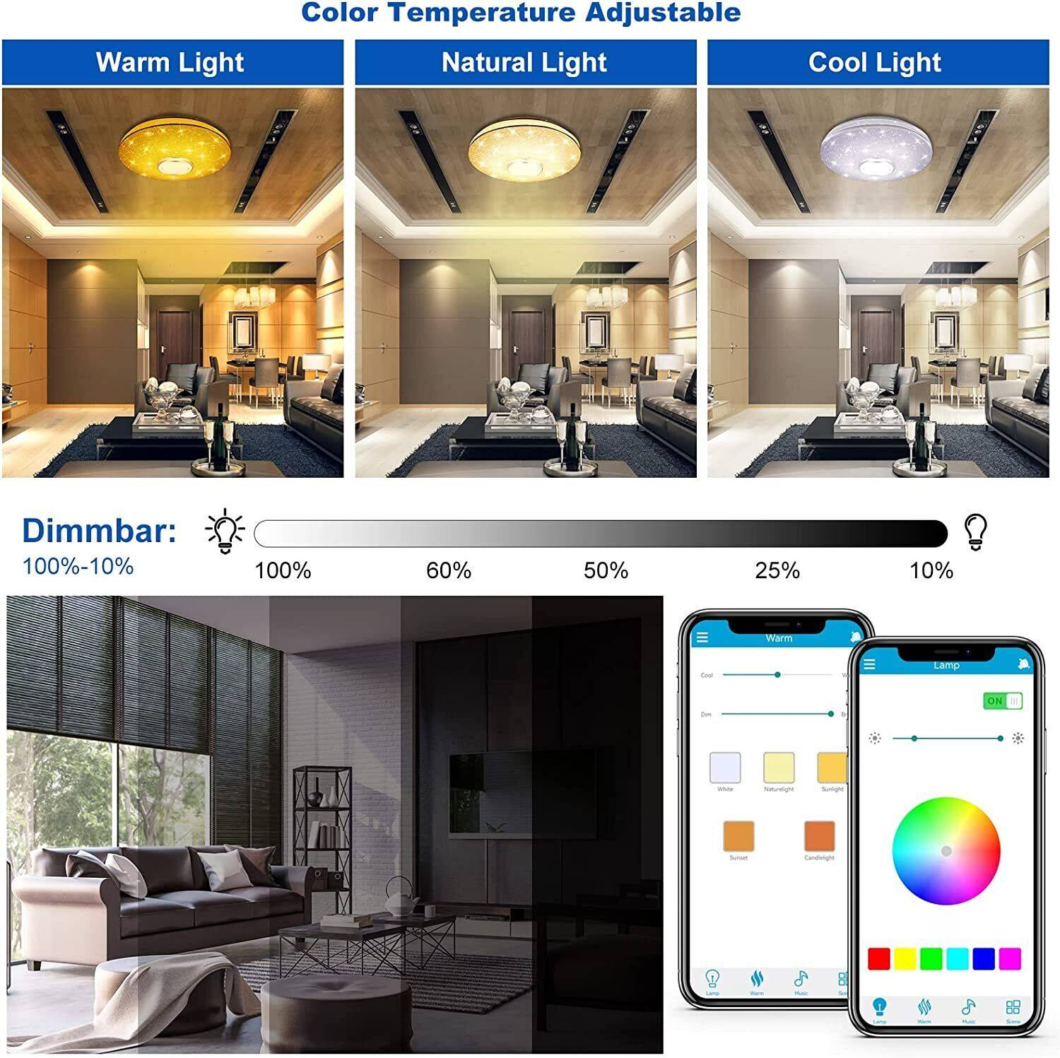 Drei Bilder einer Deckenleuchte mit einstellbarer Farbtemperatur, plus Dimmer und Handy-App-Oberfläche.