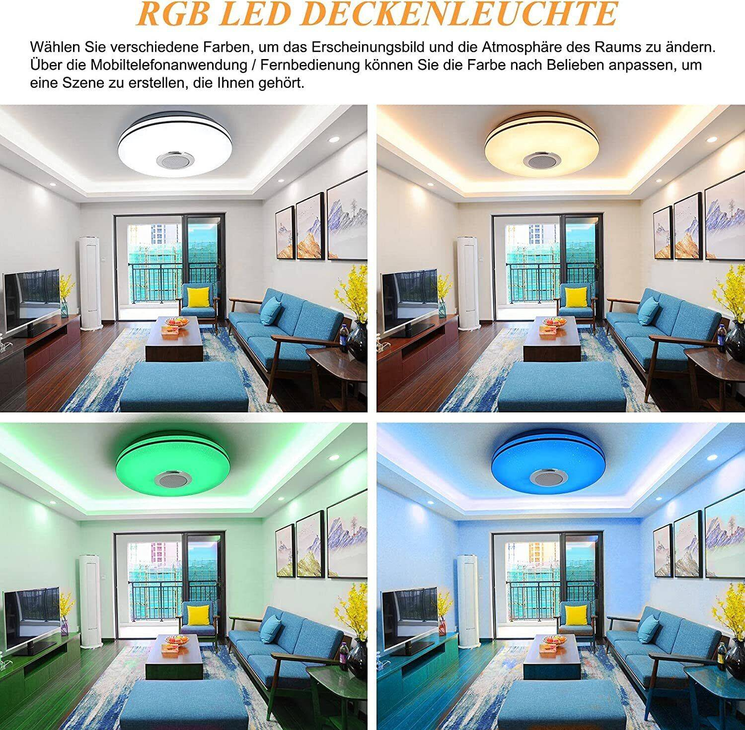 Vier Bilder zeigen ein Zimmer mit Deckenleuchte in verschiedenen Farbmodi: weiß, gelb, grün und blau.