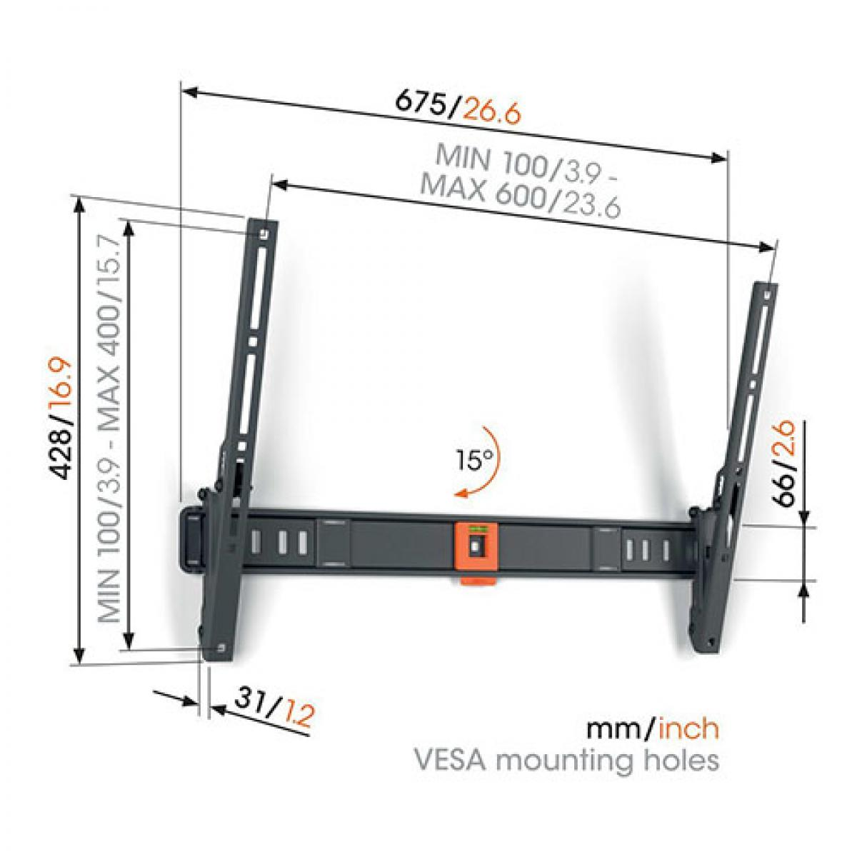 Soporte de pared para TV con dimensiones y medidas en mm/pulg.
