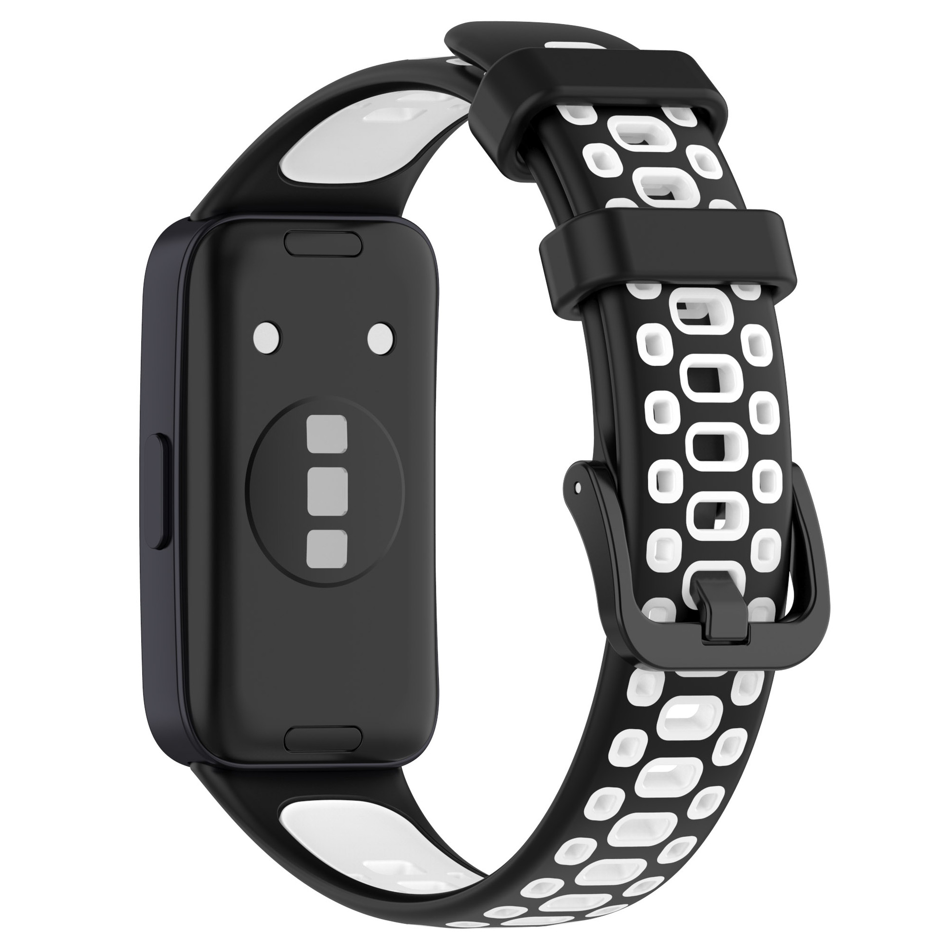 Cinturino per smartwatch bianco e nero, con fibbia nera e pois bianchi.