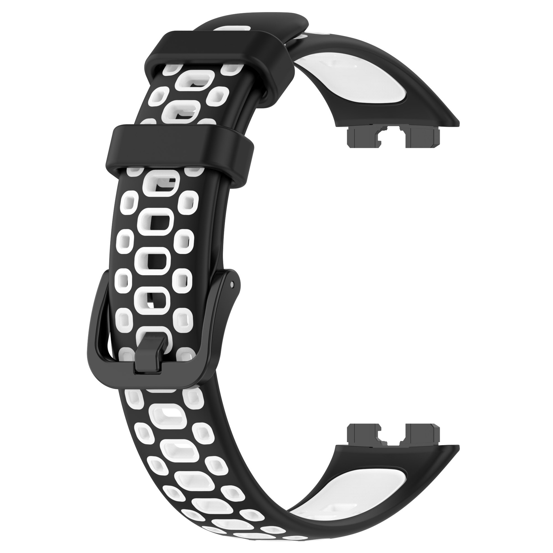 Cinturino nero e bianco con design perforato. Ha una fibbia e un attacco sicuro.