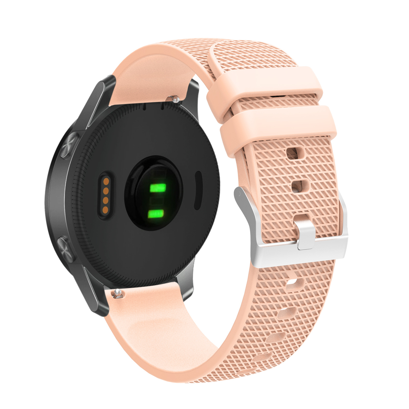 Uno smartwatch con cinturino rosa chiaro. Il retro dell'orologio mostra una luce verde.