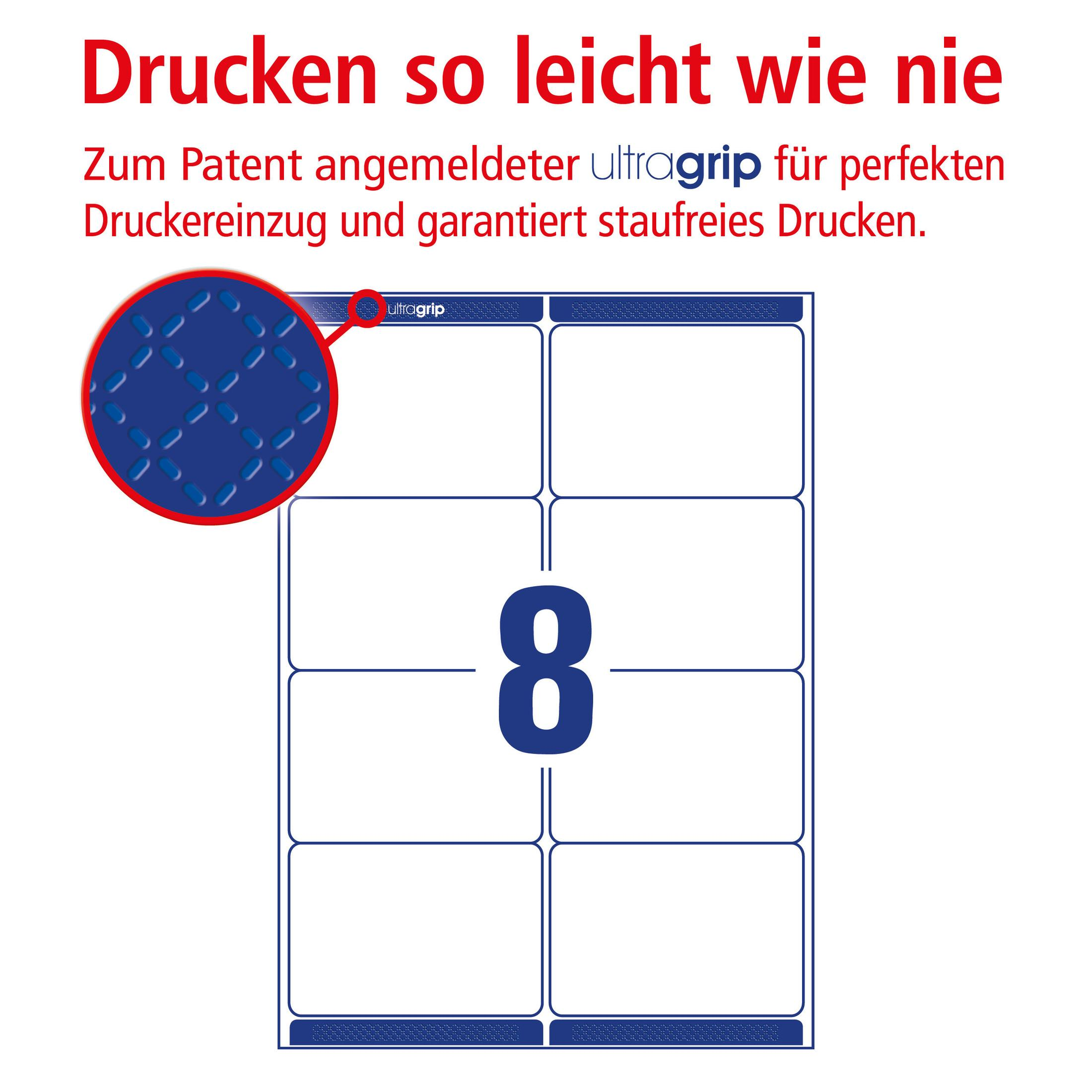 Weißes Papier mit 8 Etiketten, Nahaufnahme eines blauen Griffs, Text auf Deutsch.