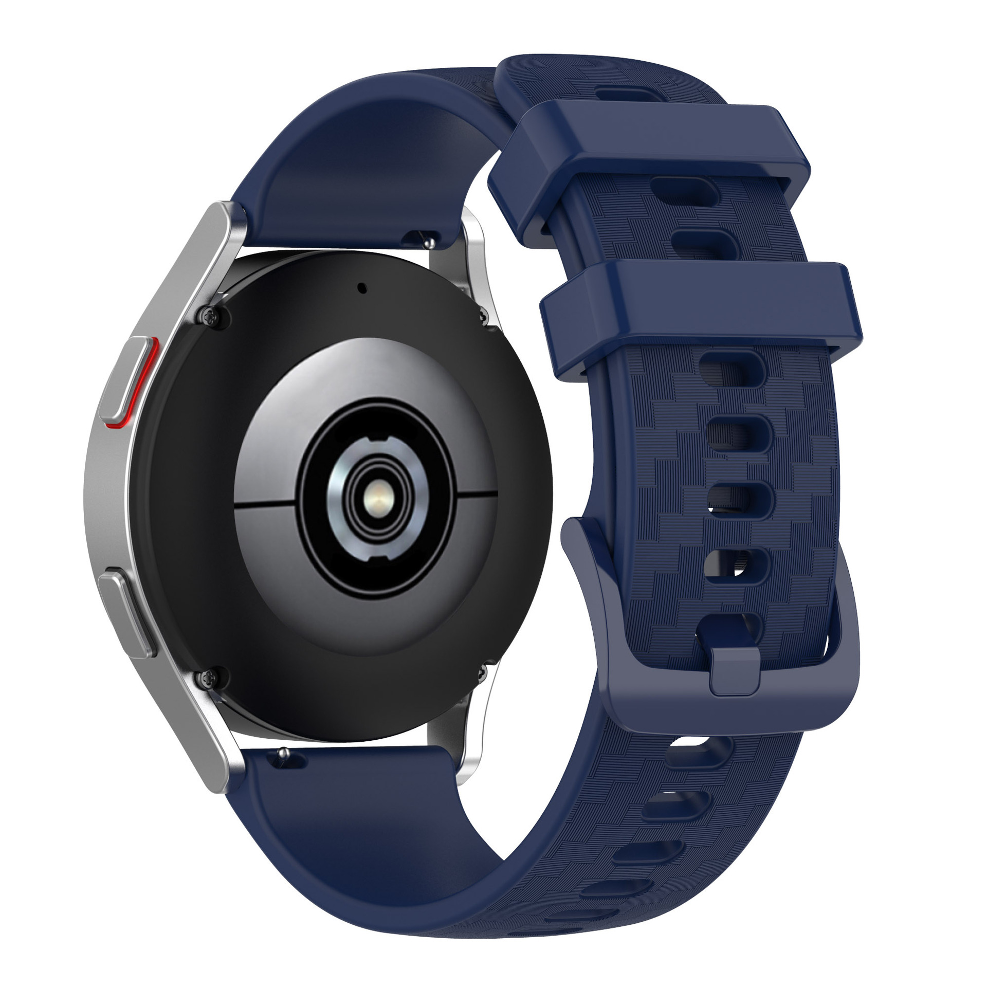 Smartwatch blu con cassa argentata e cinturino blu. Il retro mostra i sensori. Sfondo bianco.