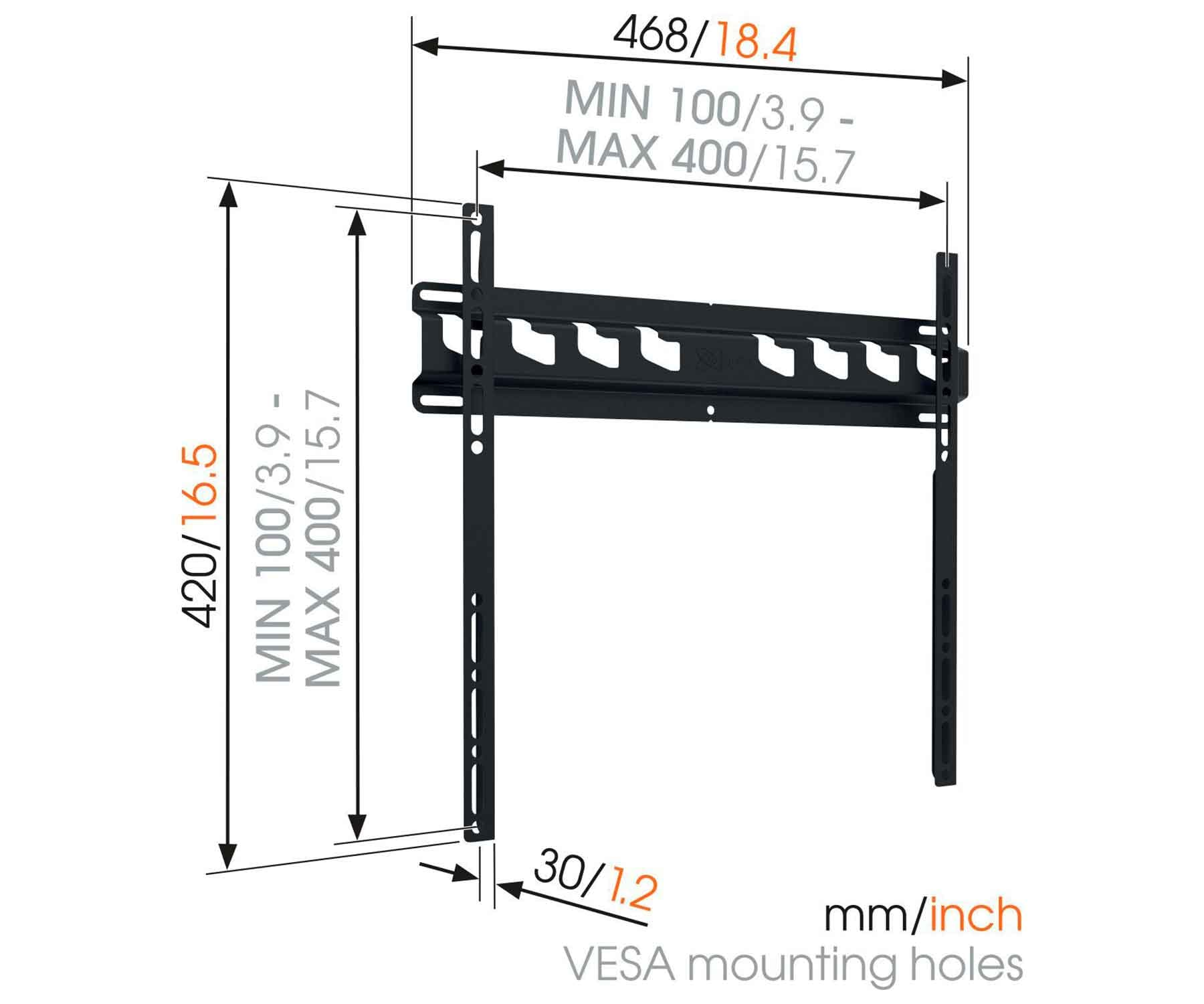 Un soporte de TV negro con dimensiones en milímetros y pulgadas. El soporte es para orificios de montaje VESA.