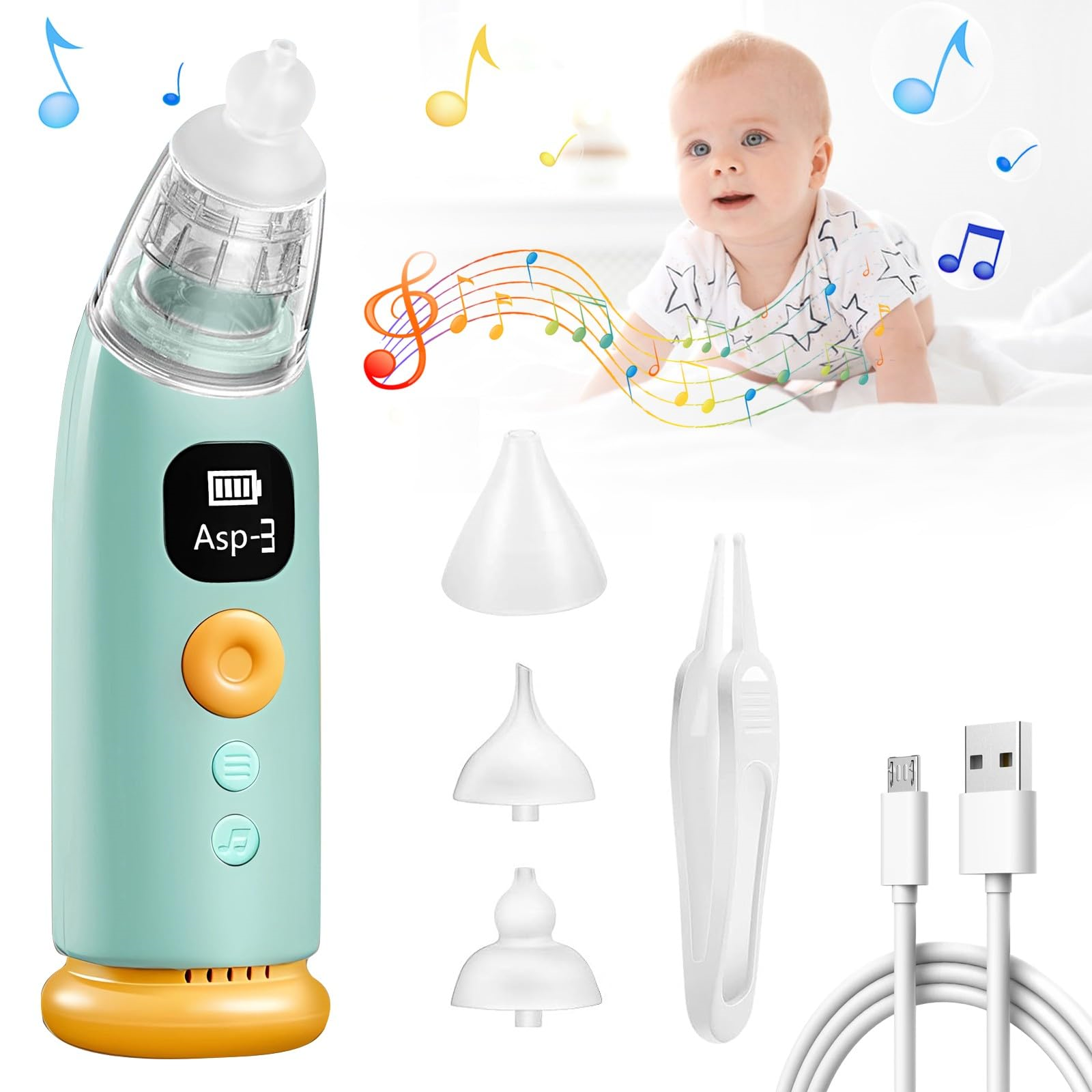 Baby und Baby-Aspirator. Enthält Zubehör und ein Baby auf weißer Decke.