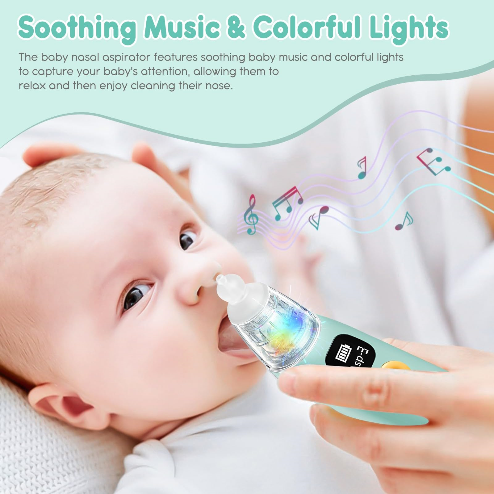 Das Gesicht eines Babys wird mit einem Nasensauger behandelt, mit dem Text 'Soothing Music & Colorful Lights'.