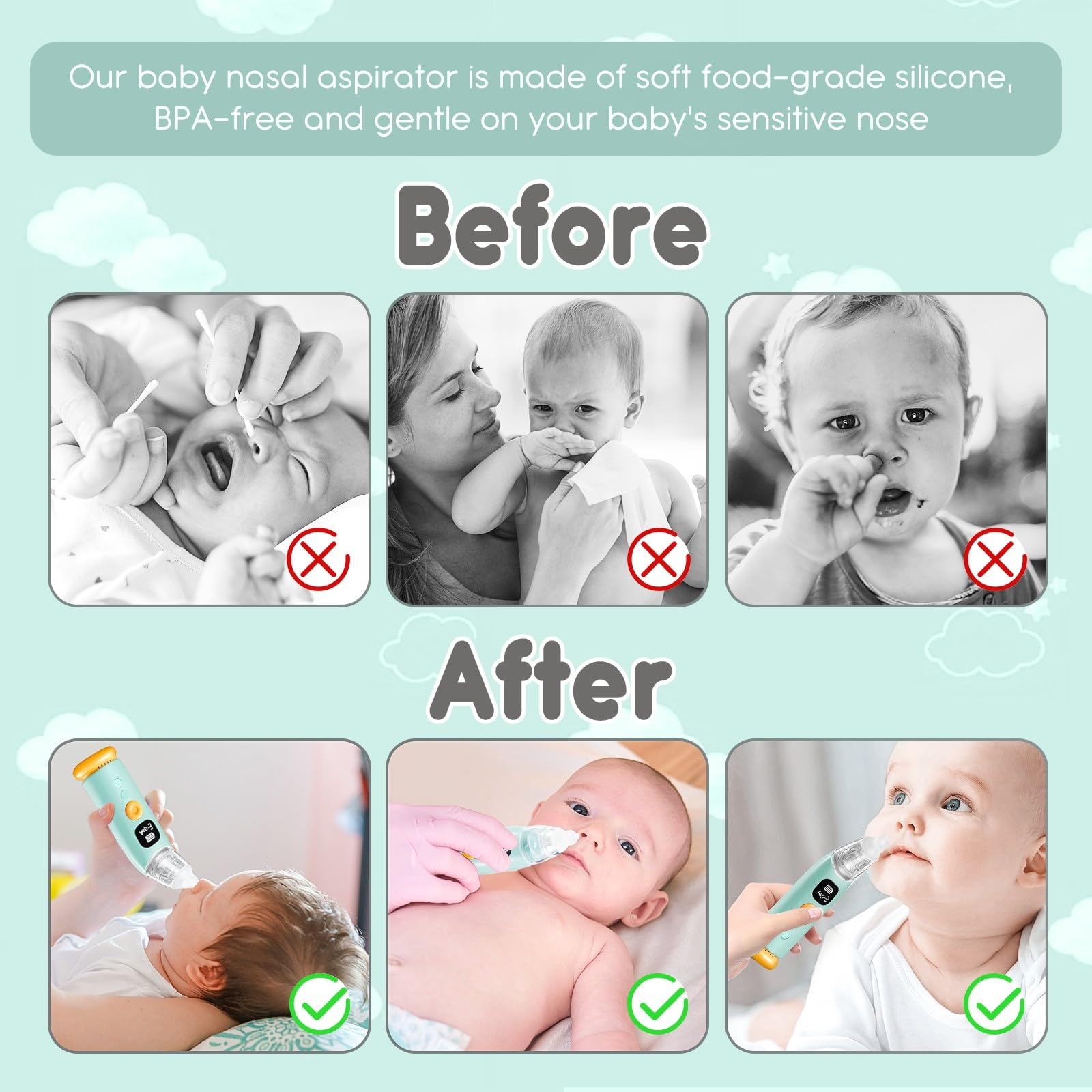 Das Bild zeigt einen Baby-Nasen-Aspirator. Vorher: weinende Babys. Nachher: Babys mit Apirator.