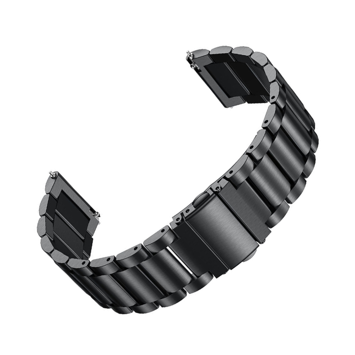Cinturino nero in metallo su sfondo bianco. È curvo e ha più maglie rettangolari collegate.