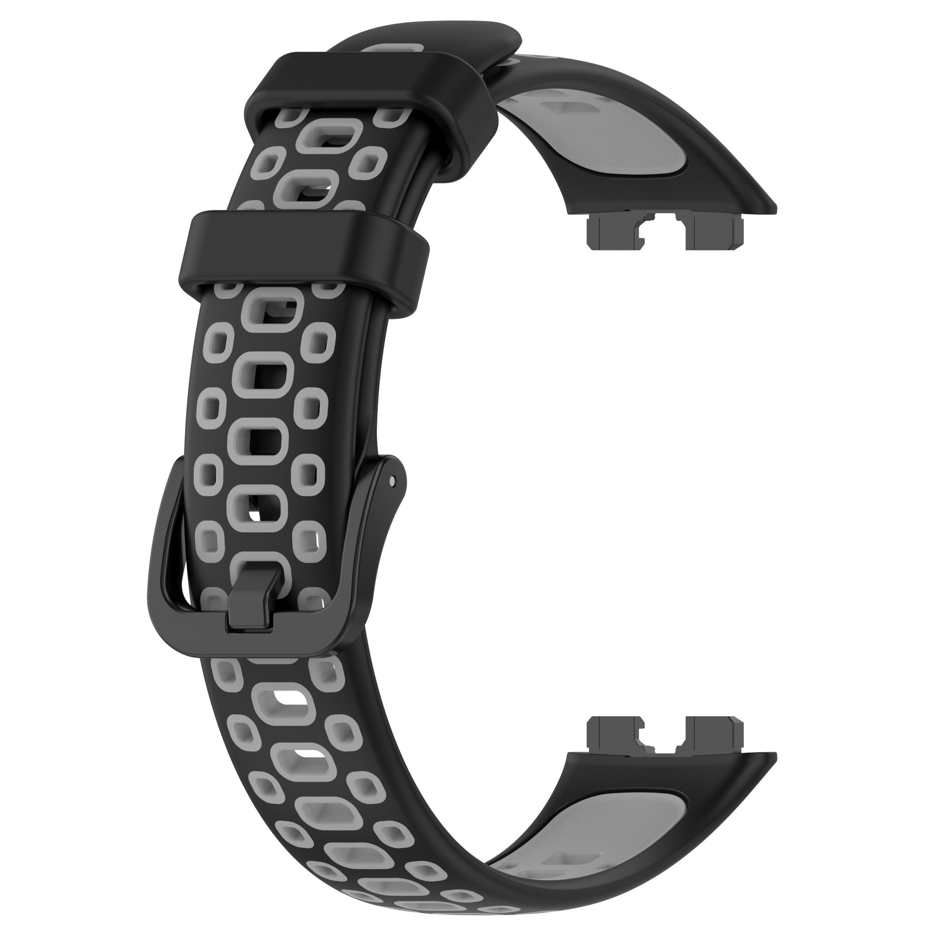 Un cinturino nero e grigio. Il cinturino ha una fibbia e un design a motivi con fori.