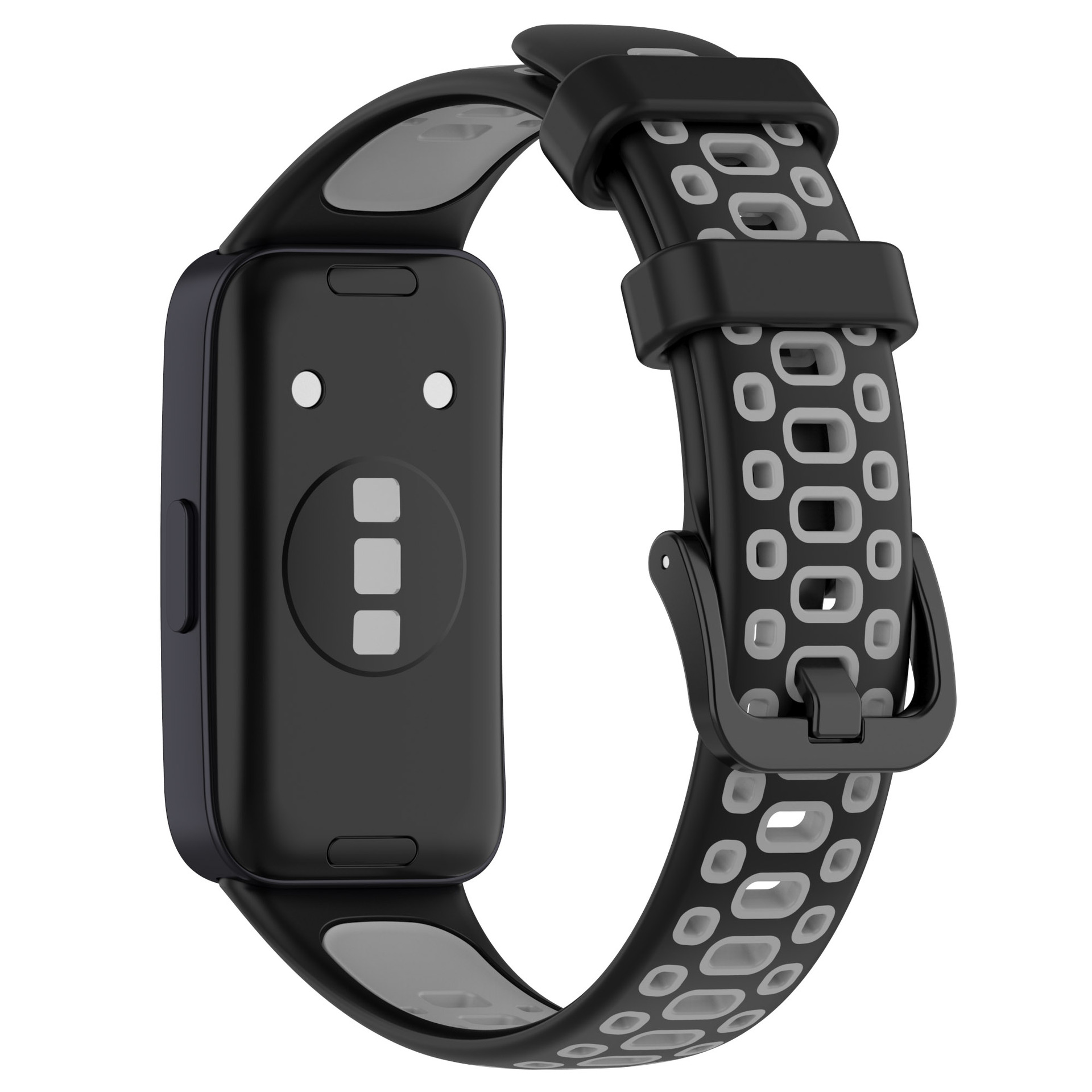 Un cinturino per smartwatch nero e grigio, che mostra entrambi i lati, con una fibbia.