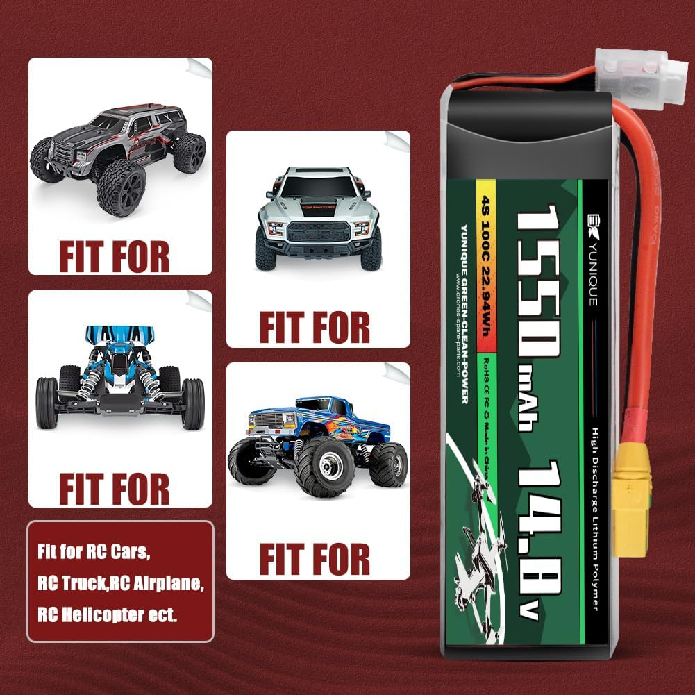 Akkupack mit RC-Autos und -Trucks. Text: 1550 mAh, 14,8 V. Schwarzes, grünes und weißes Etikett.