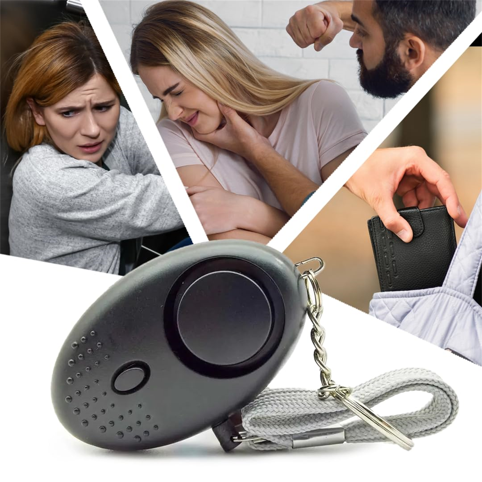 Collage von Szenen: Frau erschrocken, Frau berührt Gesicht, Mann schlägt, Mann nimmt Geldbörse und ein schwarzer Alarm.