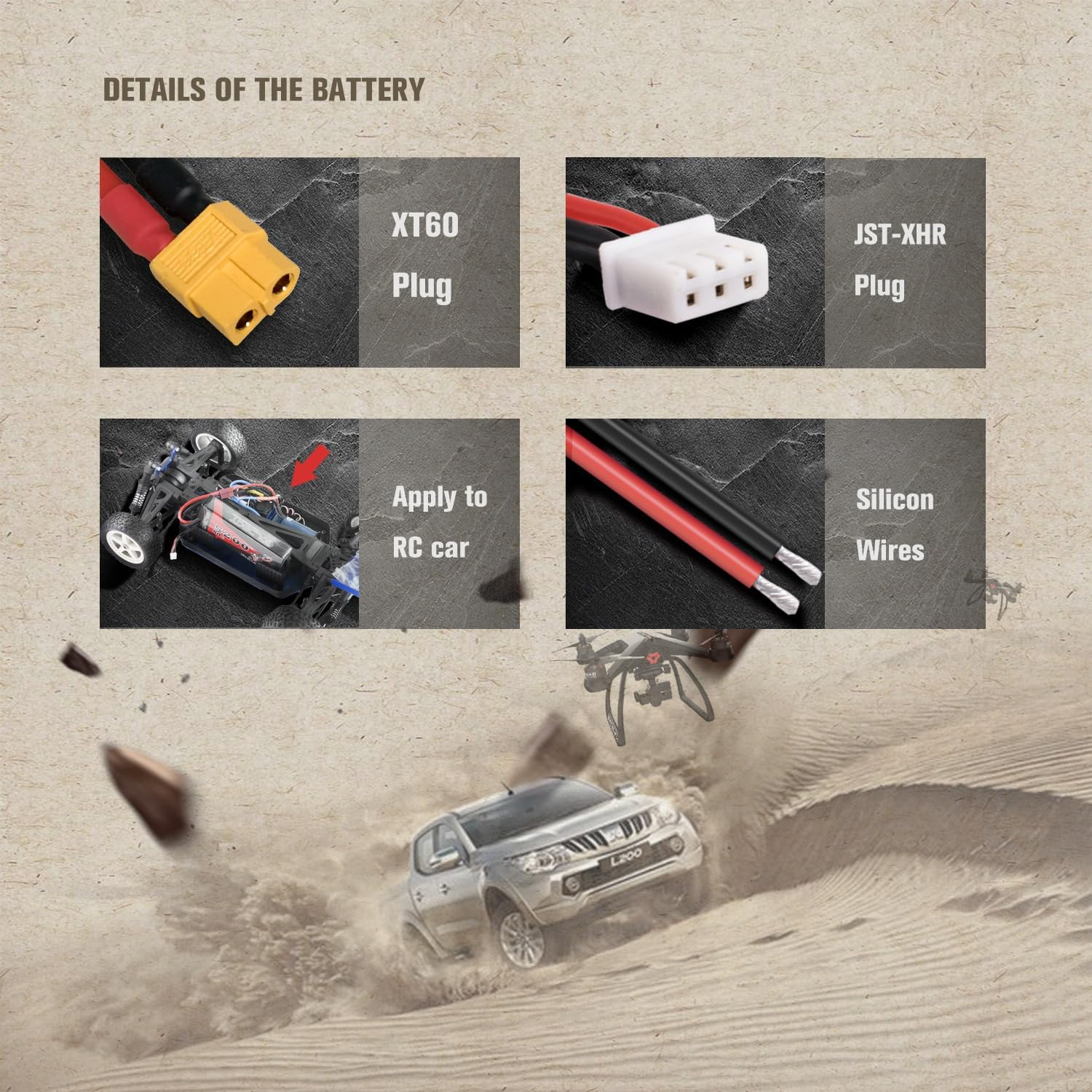Batteriedetails mit XT60- und JST-XHR-Steckern, Kabeln und RC-Car.