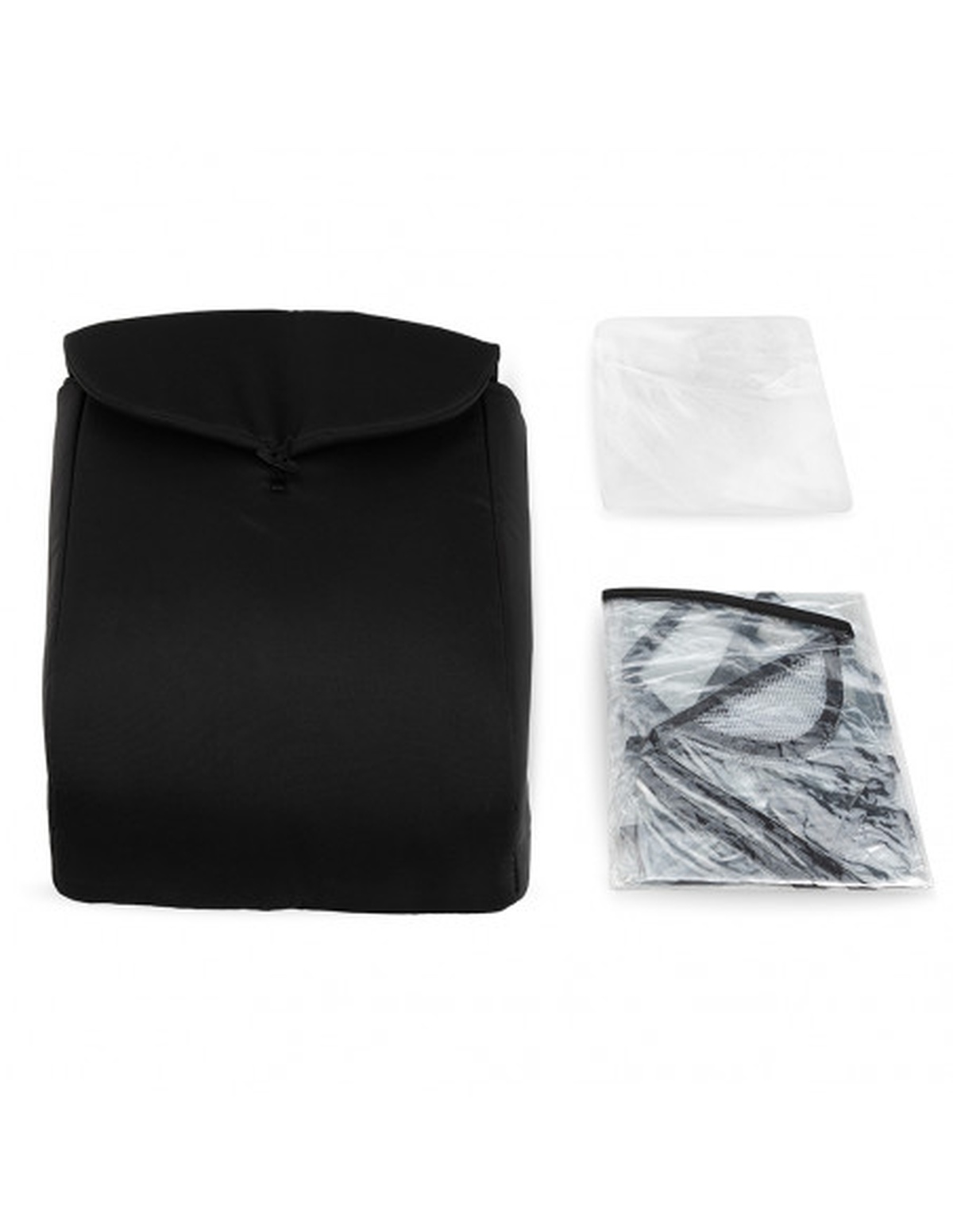Bolsa negra con tapa negra y dos bolsas de plástico.