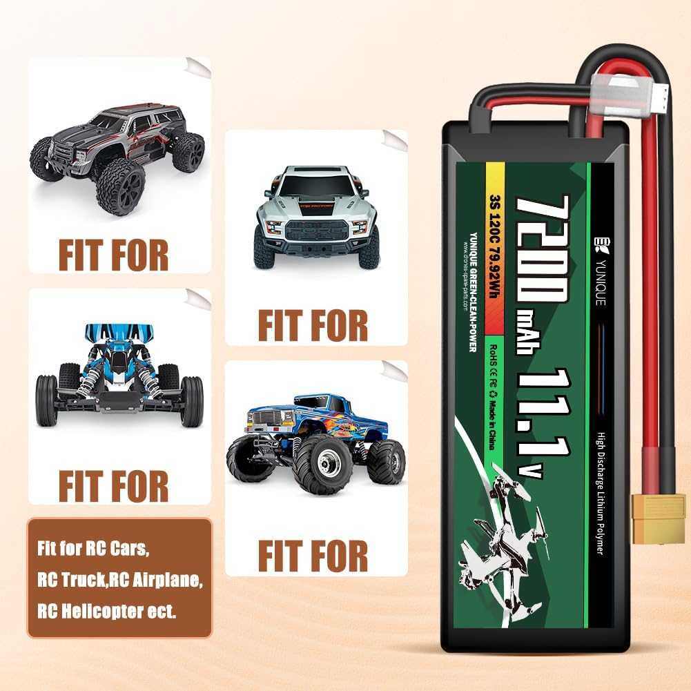 Bild mit RC-Autos und einem Akkupack mit Spezifikationen und Auto-Illustrationen. Enthält Text 'FIT FOR' und 'YUNIQUE'.